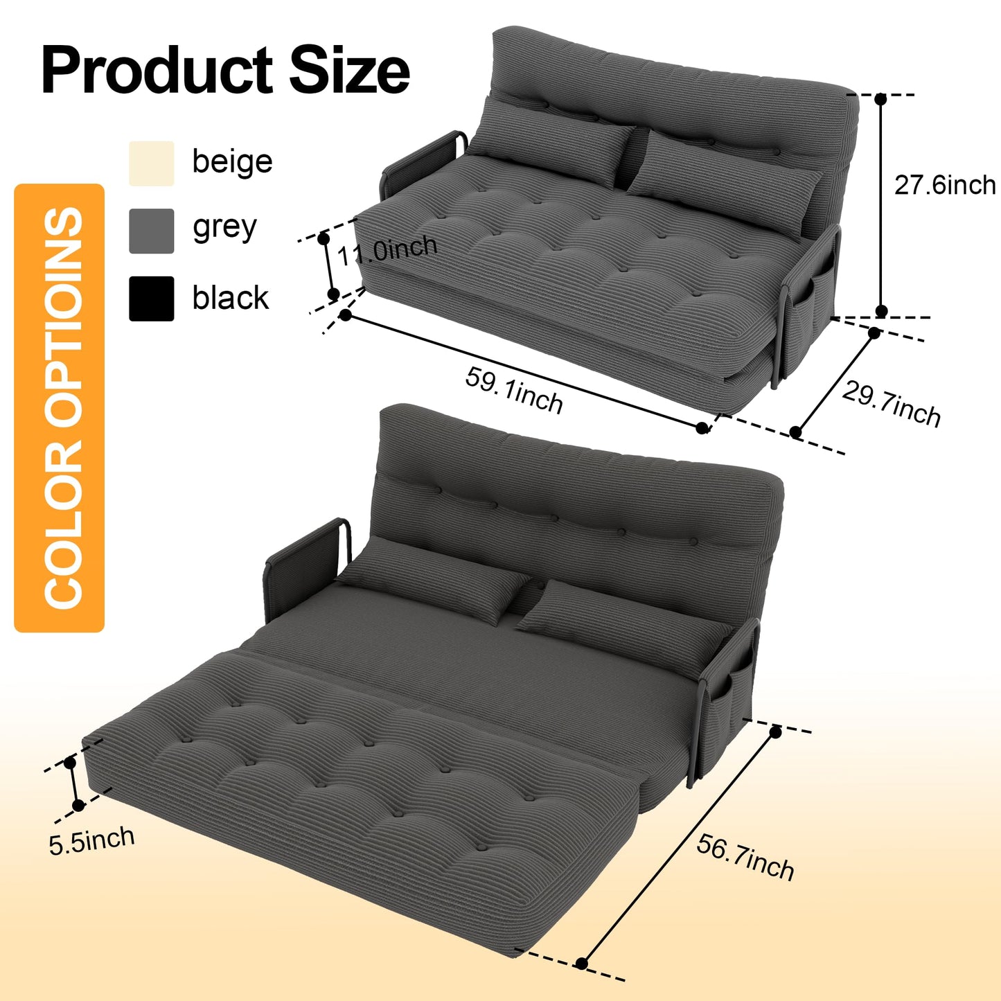 ALAULM Modern Two-Seater Folding Sofa Bed Convertible Sleeper Couch with Pillows, Storage Side, Versatile Floor Couch for Living Room Bedroom, White | Foldable, Comfortable, Multiple Usage