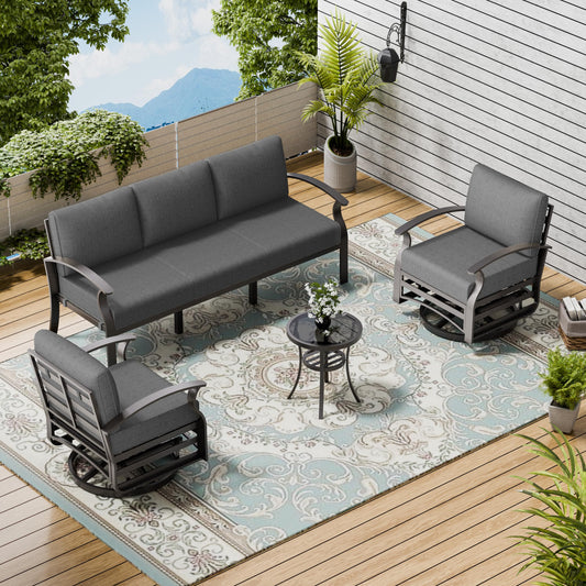 ALAULM Aluminum 5 Pieces Outdoor Patio Conversation Set, 1 Three-Seater Sofa & 2 Swivel Rocking Chairs with 5.1" High-Resilience Cushions for Patio Backyard Poolside