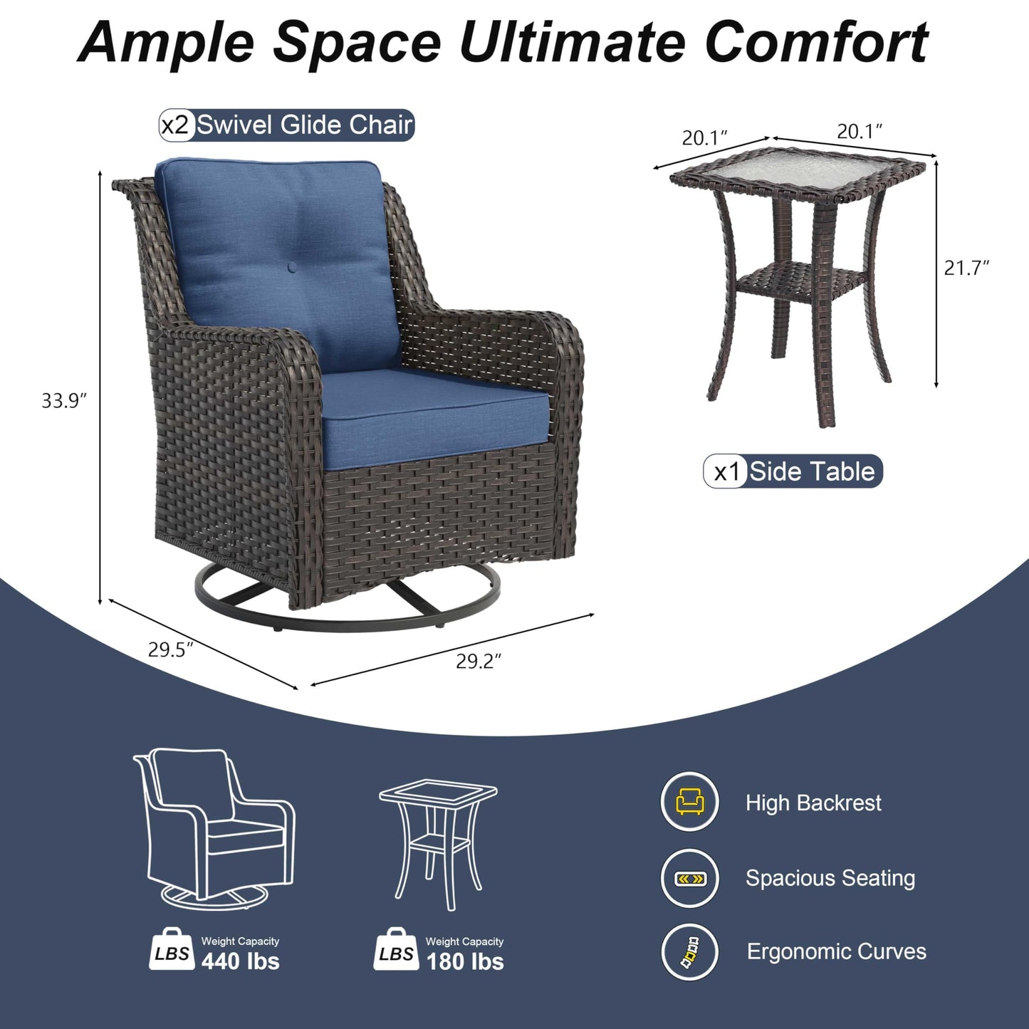 ALAULM 3-Piece Patio Furniture Set, Outdoor Thick Wicker High Back Sectional Sofa Couch with 2 Swivel Chairs, All-Weather Wicker Outdoor Conversation Set for Backyard, Porch, Deck