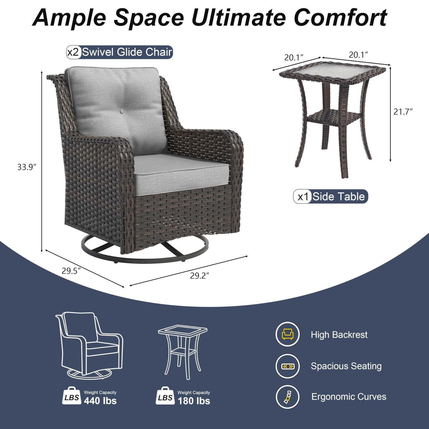 ALAULM 3-Piece Patio Furniture Set, Outdoor Thick Wicker High Back Sectional Sofa Couch with 2 Swivel Chairs, All-Weather Wicker Outdoor Conversation Set for Backyard, Porch, Deck