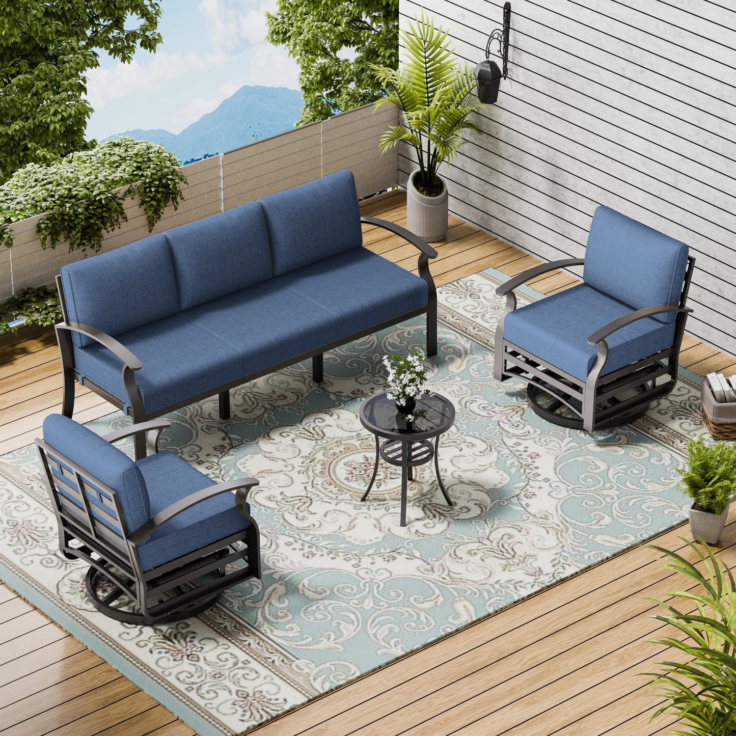 ALAULM Aluminum 5 Pieces Outdoor Patio Conversation Set, 1 Three-Seater Sofa & 2 Swivel Rocking Chairs with 5.1" High-Resilience Cushions for Patio Backyard Poolside