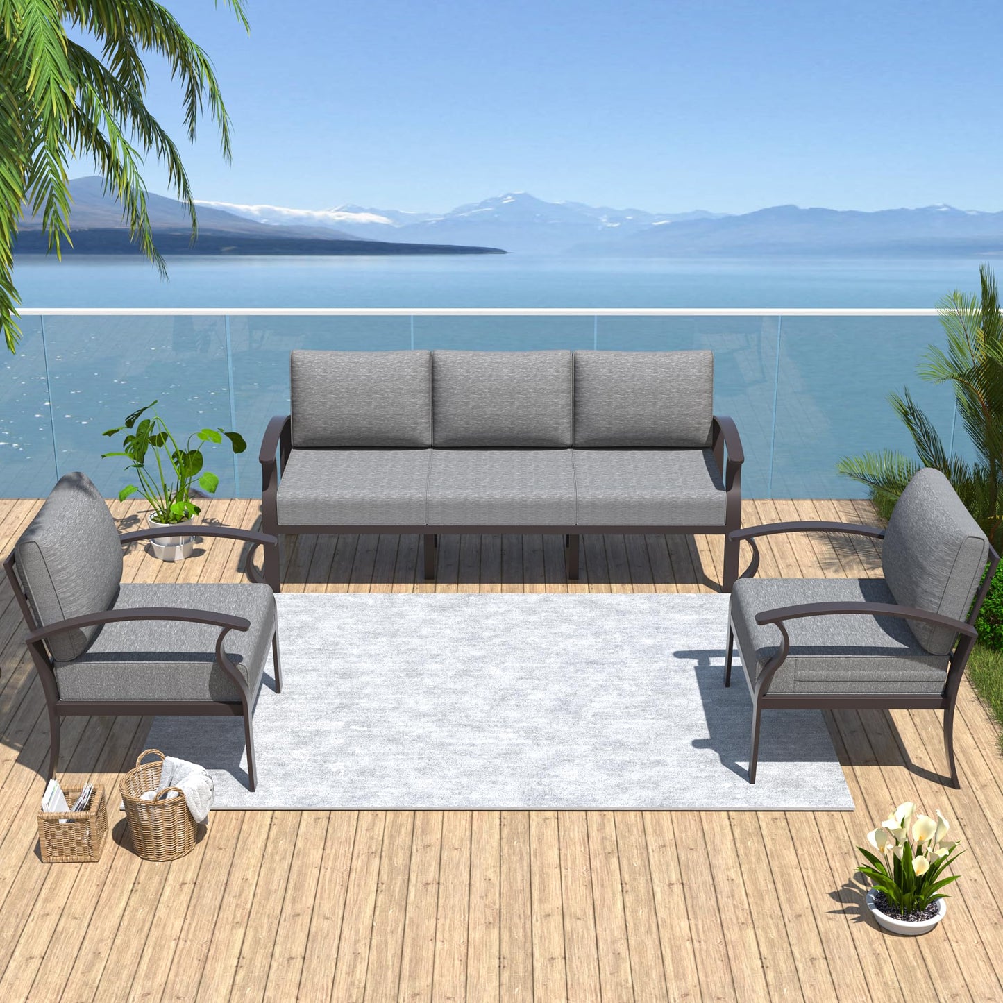 ALAULM Aluminum 5 Pieces Patio Furniture Set, 1 Three-Seater Sofa & 2 Single Sofas with 5.1" High-Resilience Cushions for Patio Backyard Poolside