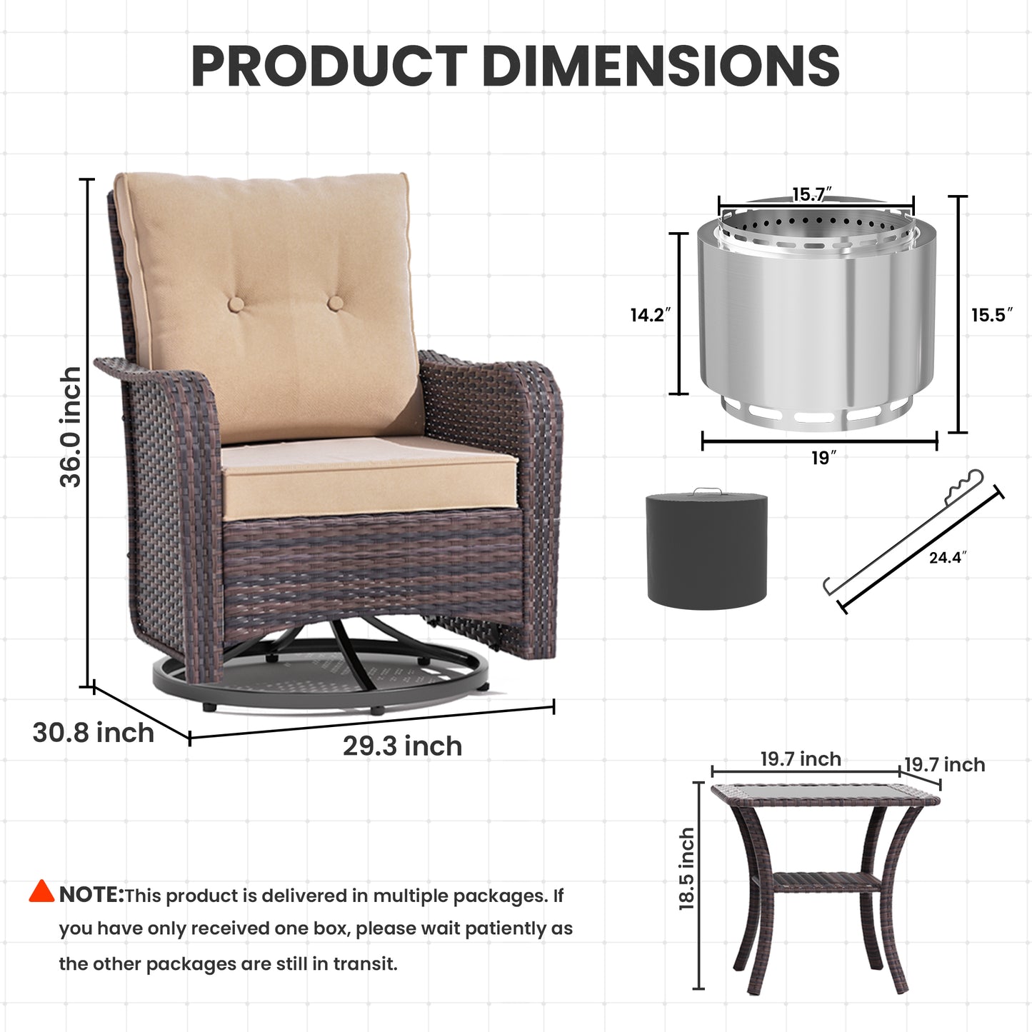 ALAULM 3PCS Outdoor Conversation Sets with 19" Smokeless Stove, Outdoor Swivel Glider Chair with Glass Top Side Table, Fire Pit Comes with Waterproof Cover and Fire Poker, for Porch Backyard