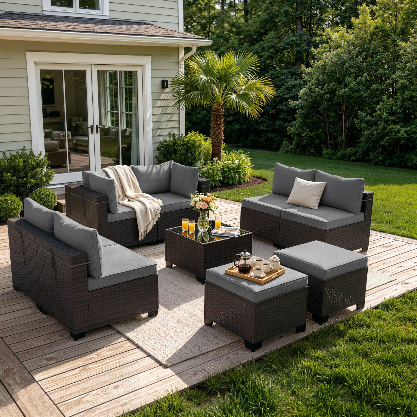 ALAULM 9PCS Outdoor Conversation Set, Thick Backrest Patio PE Rattan Wicker Sectional Sofas with Ottoman for Backyard, Porch, Sand