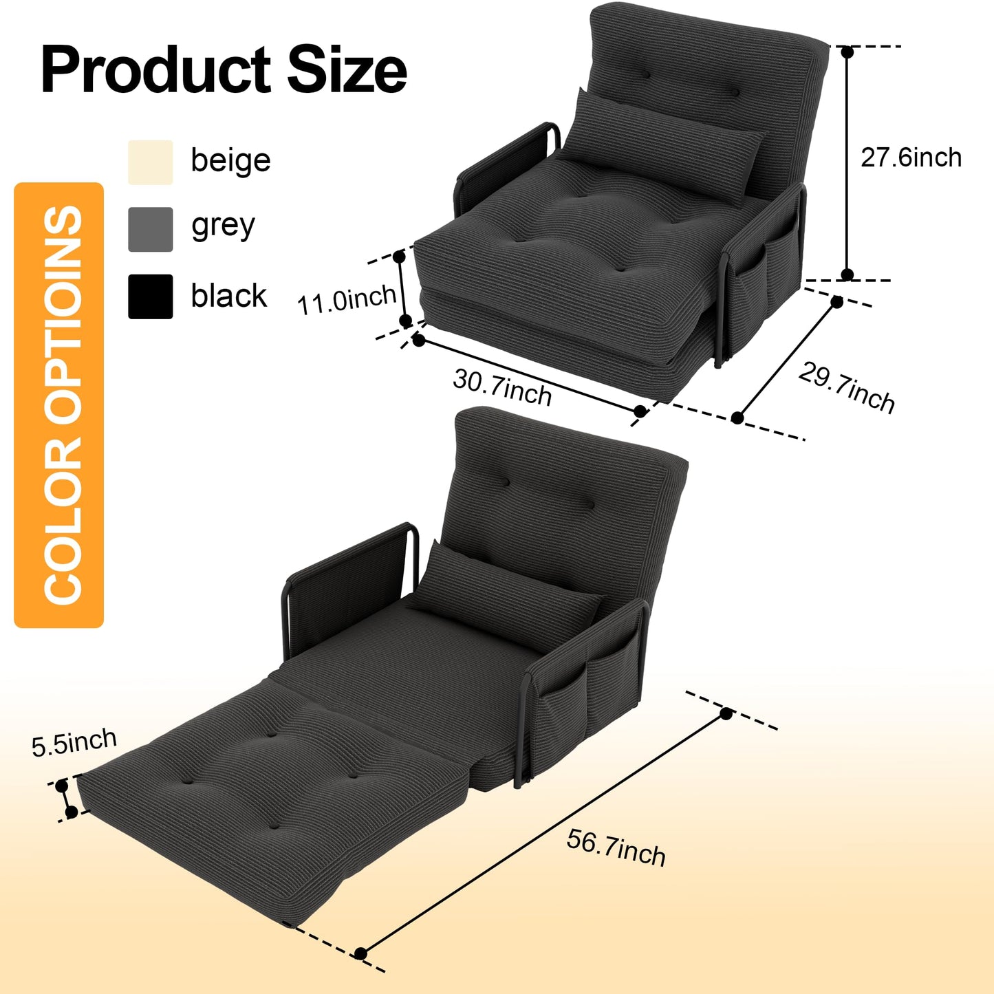 ALAULM Modern Two-Seater Folding Sofa Bed Convertible Sleeper Couch with Pillows, Storage Side, Versatile Floor Couch for Living Room Bedroom, White | Foldable, Comfortable, Multiple Usage