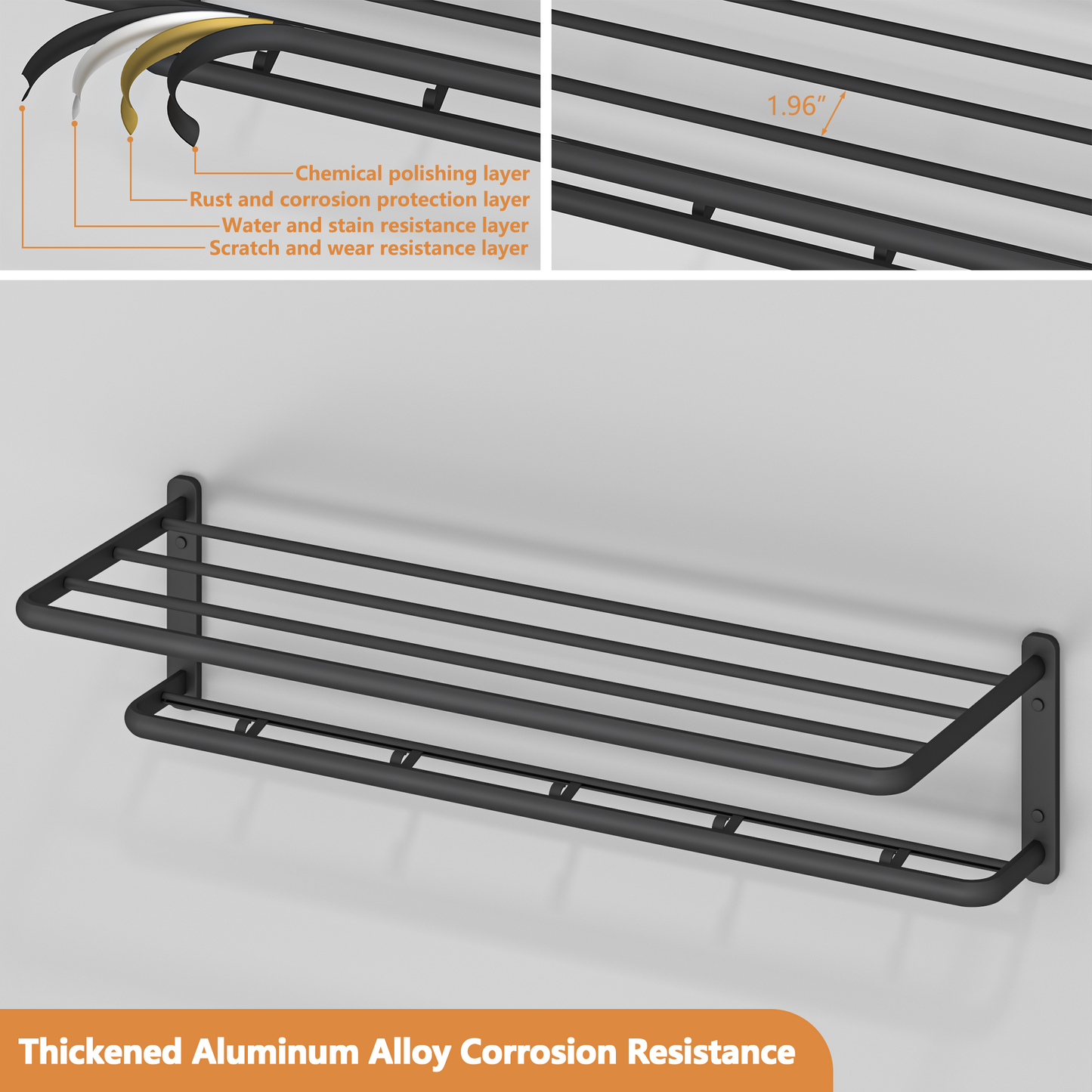 ALAULM Aluminum Alloy Bathroom Towel Shelf with Double Bars, 21" Double Towel Shelf for Bathroom, Wall Mounted Towel Holder, Towel Rod Towel Rail Hanger for Wall, Kitchen