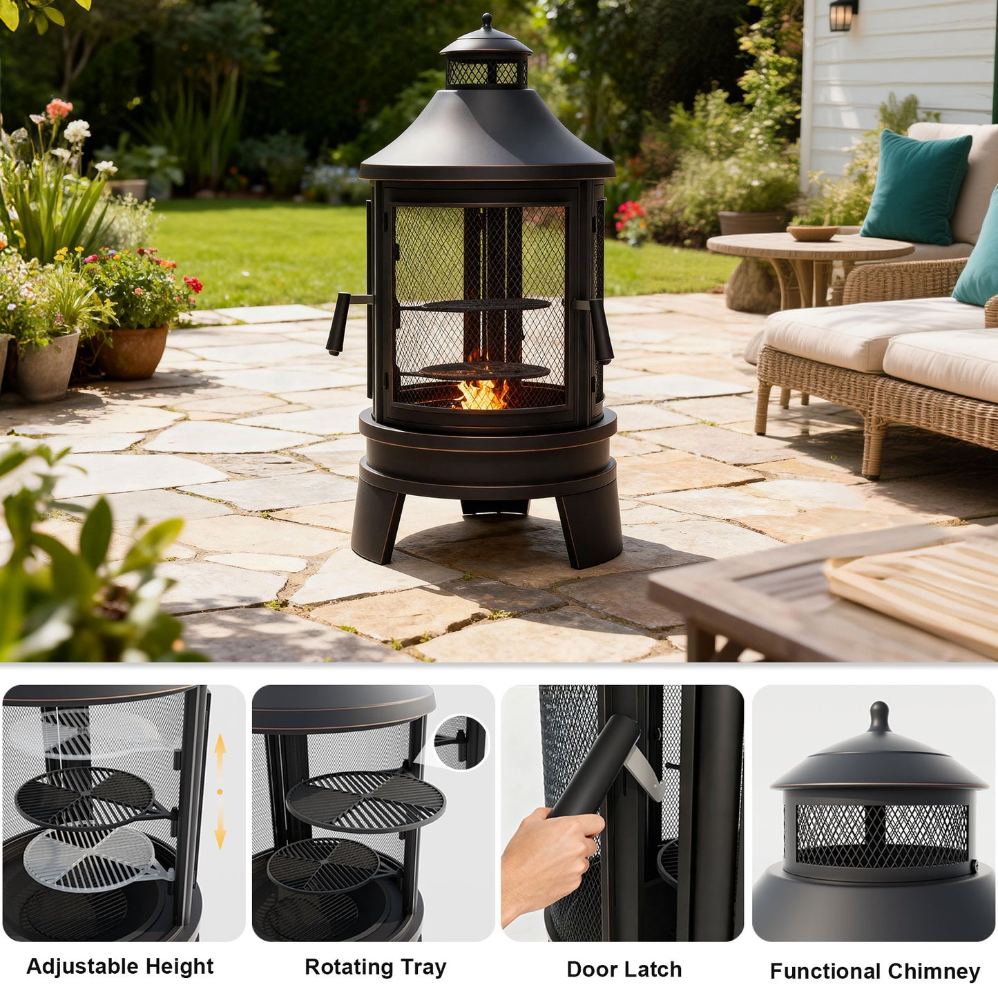 ALAULM Metal Chiminea Fire Pit with Grill, 2 in 1 Firepit with Adjustable Grill Tray & Mesh Spark Screen Door, 3-Door Multi-Access Fireplace for Patio, Garden & Backyard