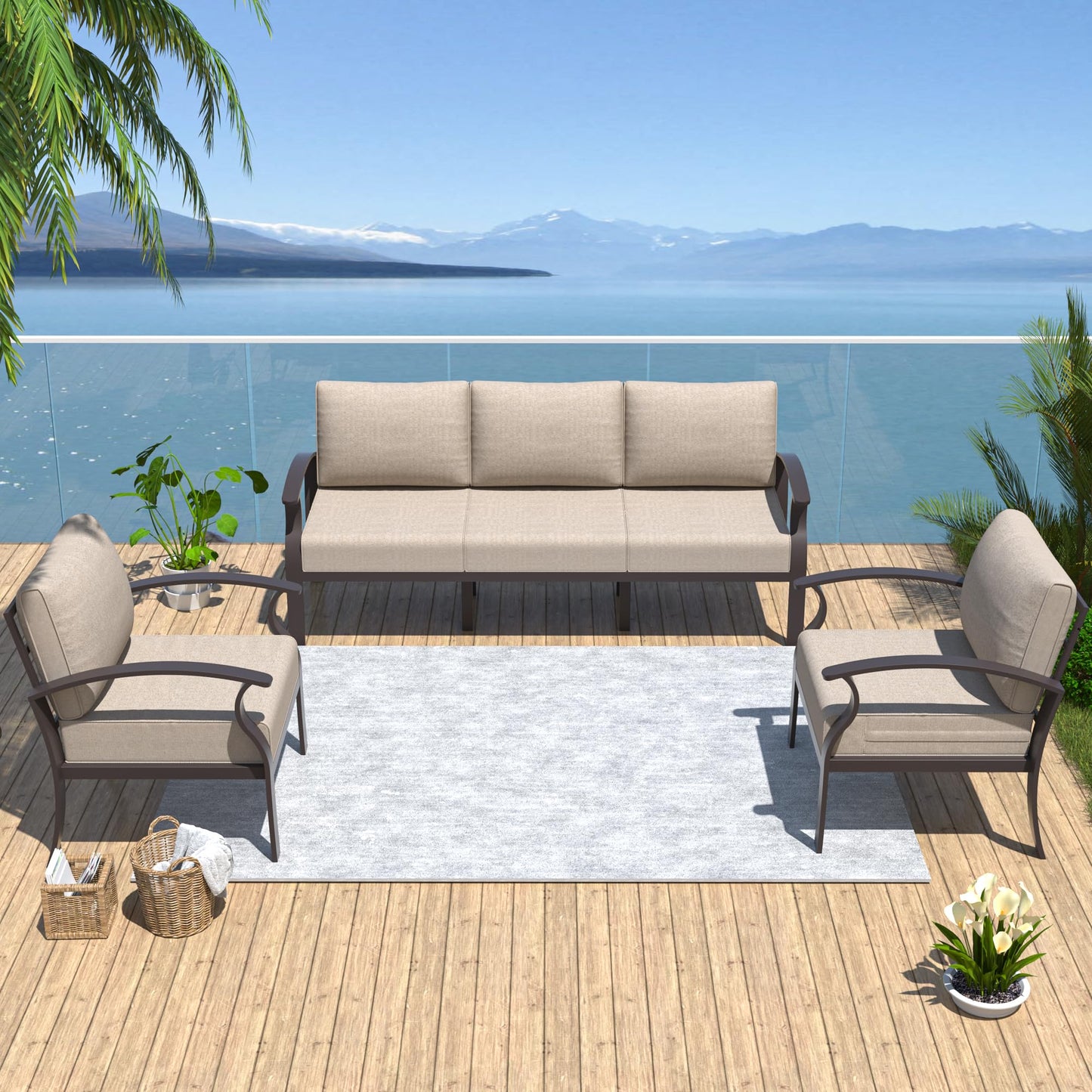 ALAULM Aluminum 5 Pieces Patio Furniture Set, 1 Three-Seater Sofa & 2 Single Sofas with 5.1" High-Resilience Cushions for Patio Backyard Poolside
