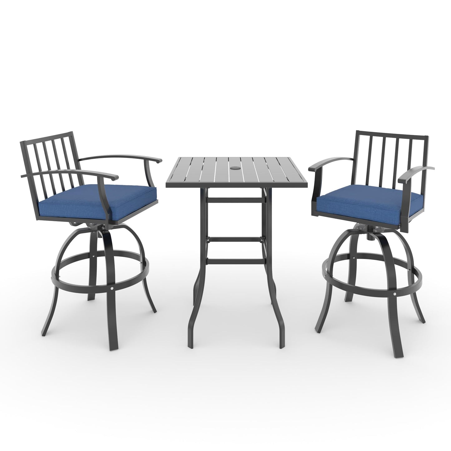 ALAULM 5 Pieces Outdoor Swivel Bar Stools Set, All Weather Metal Patio High Top Bistro Set with 4 Cushioned Chairs and Table for Garden Deck Lawn