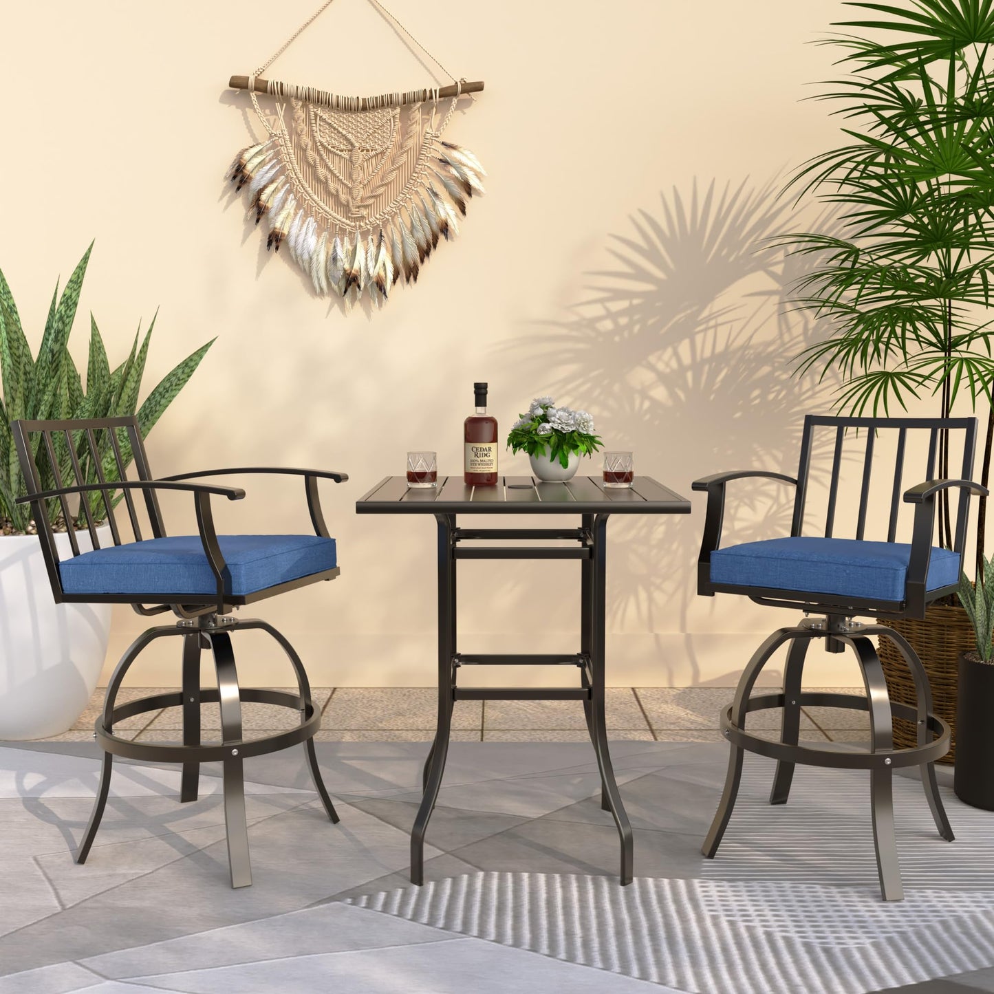 ALAULM 5 Pieces Outdoor Swivel Bar Stools Set, All Weather Metal Patio High Top Bistro Set with 4 Cushioned Chairs and Table for Garden Deck Lawn