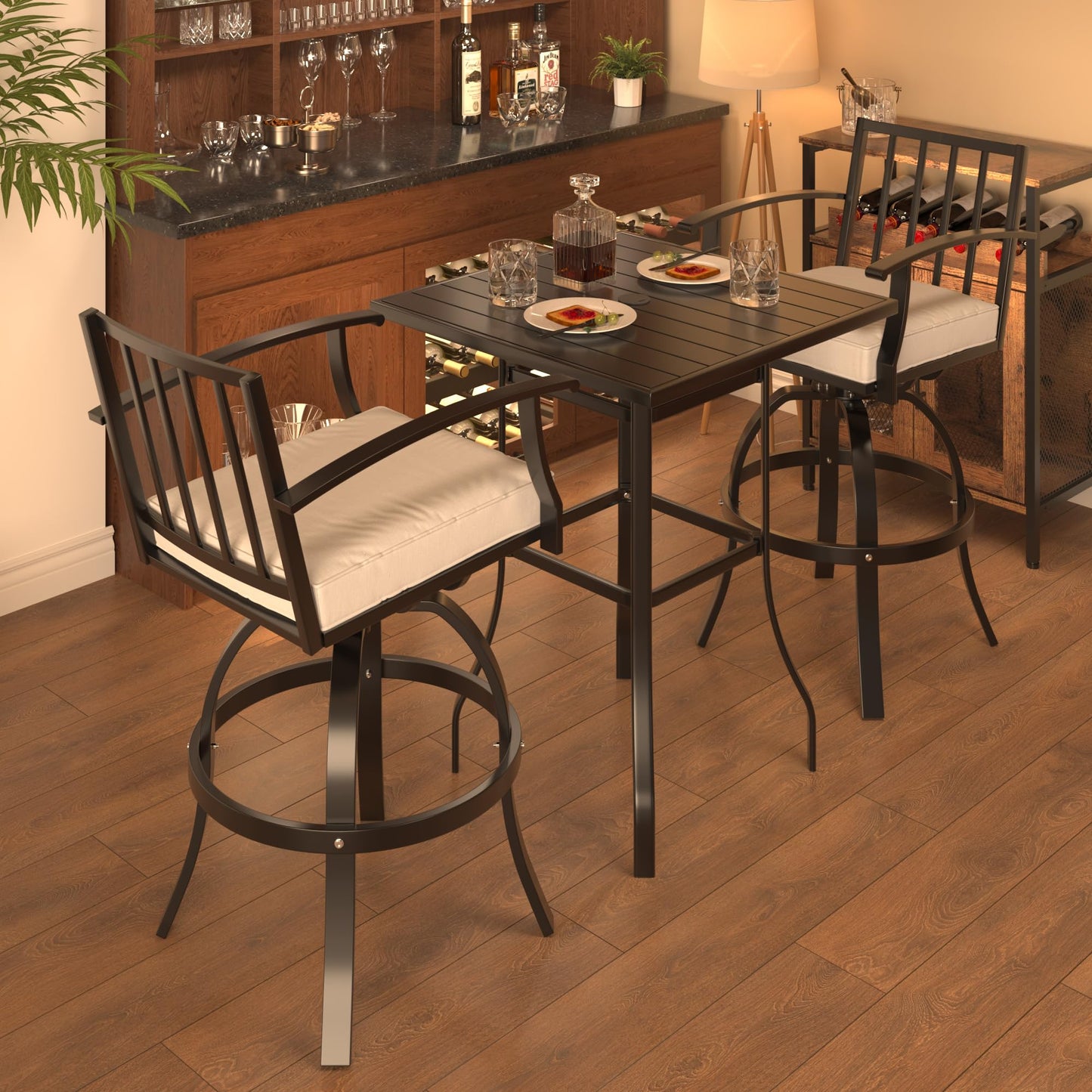 ALAULM 5 Pieces Outdoor Swivel Bar Stools Set, All Weather Metal Patio High Top Bistro Set with 4 Cushioned Chairs and Table for Garden Deck Lawn