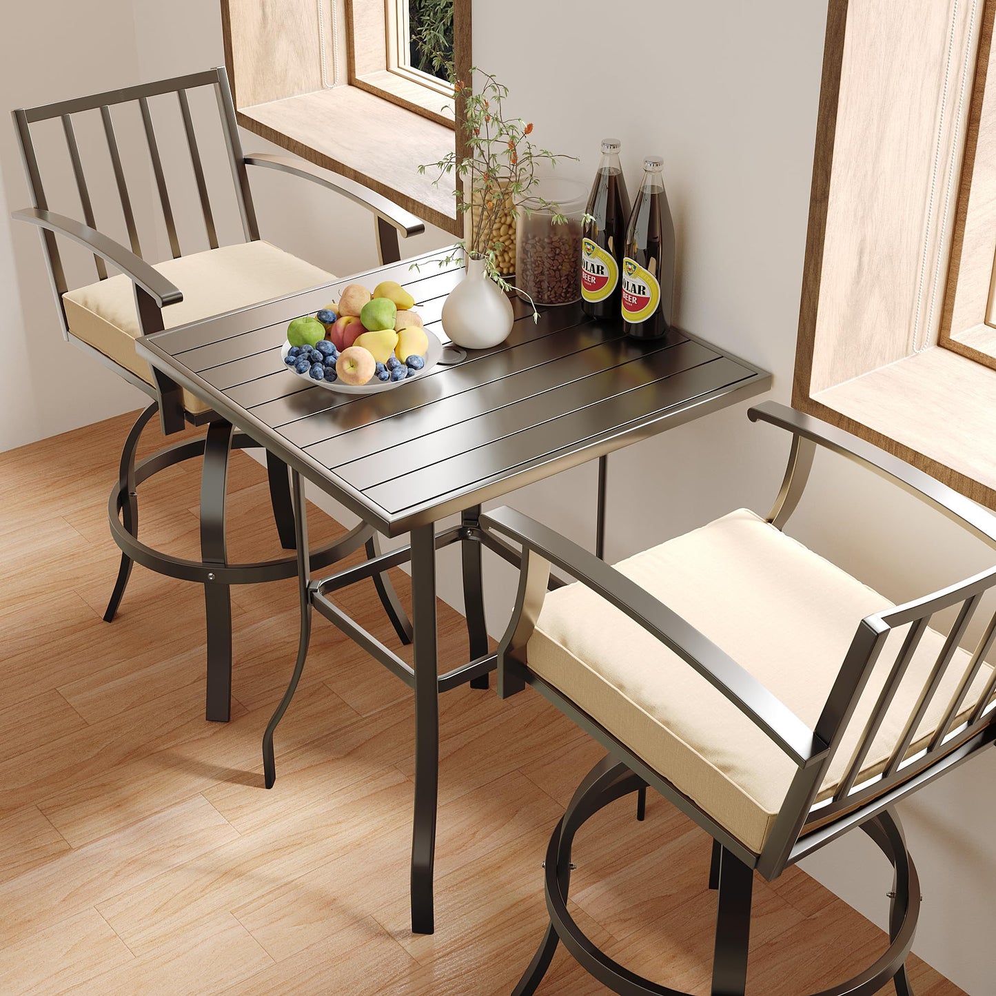 ALAULM 5 Pieces Outdoor Swivel Bar Stools Set, All Weather Metal Patio High Top Bistro Set with 4 Cushioned Chairs and Table for Garden Deck Lawn