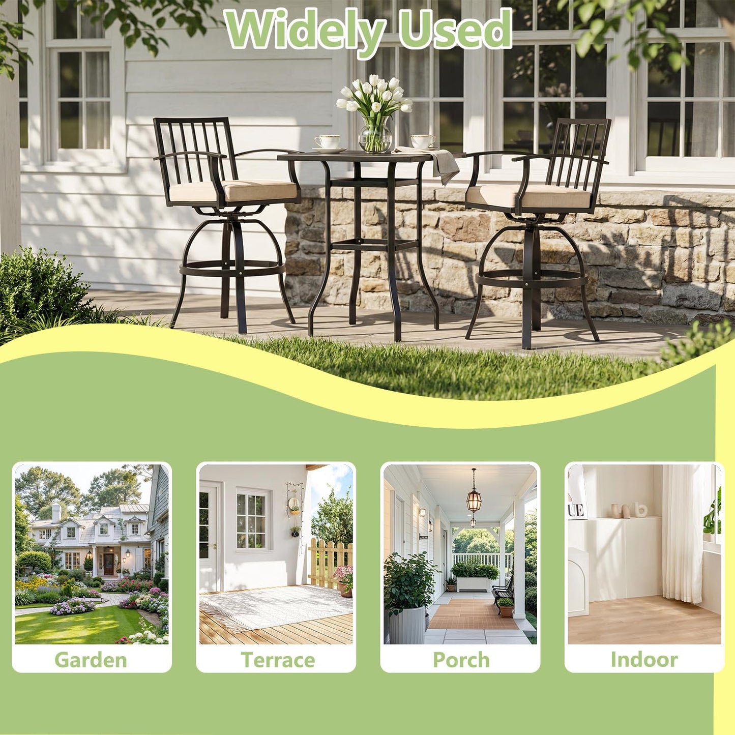 ALAULM 5 Pieces Outdoor Swivel Bar Stools Set, All Weather Metal Patio High Top Bistro Set with 4 Cushioned Chairs and Table for Garden Deck Lawn