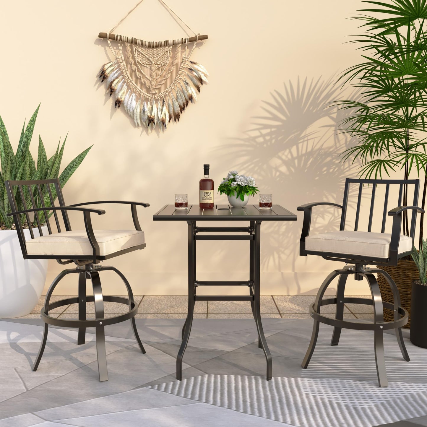 ALAULM 5 Pieces Outdoor Swivel Bar Stools Set, All Weather Metal Patio High Top Bistro Set with 4 Cushioned Chairs and Table for Garden Deck Lawn