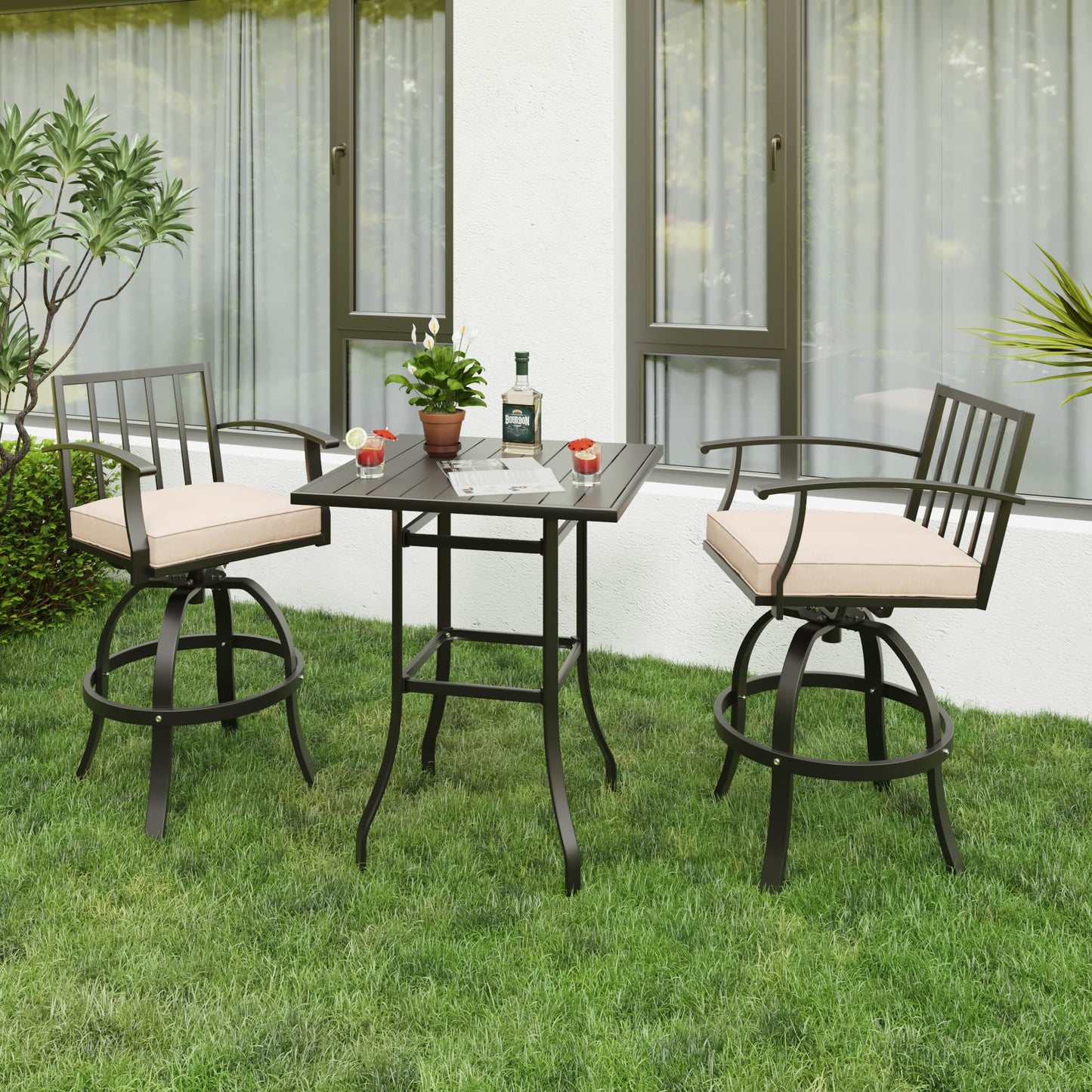 ALAULM 5 Pieces Outdoor Swivel Bar Stools Set, All Weather Metal Patio High Top Bistro Set with 4 Cushioned Chairs and Table for Garden Deck Lawn