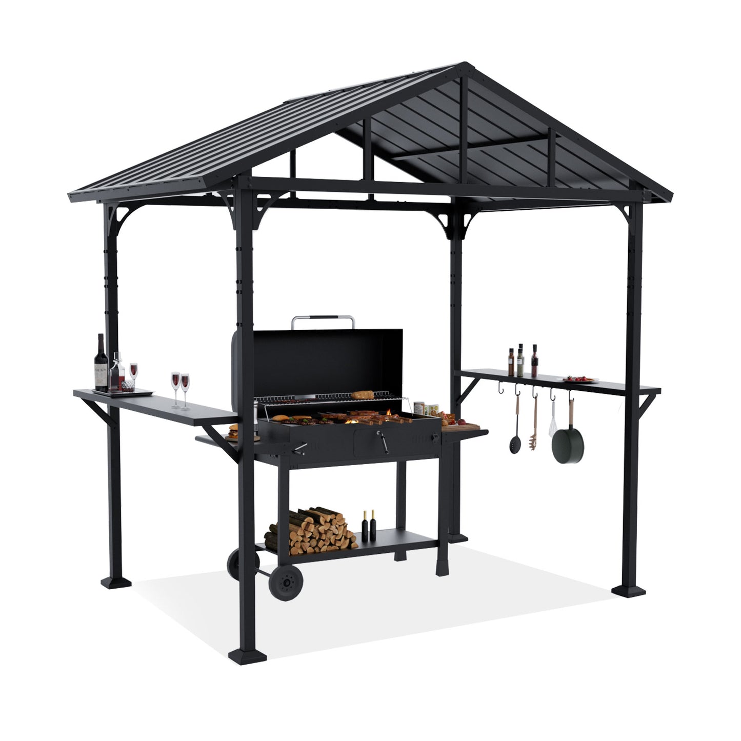ALAULM 8'x 5' Hardtop Grill Gazebo, Outdoor BBQ Metal Roof Canopy with 2 Metal Side Shelves & 5 Tool Hooks for Patio, Garden, Backyard, Poolside (Black)