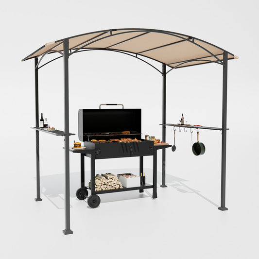 ALAULM 8'x 5' Outdoor Grill Gazebo, Outdoor Soft Top BBQ Canopy with 2 Metal Side Shelves & 5 Tool Hooks for Barbecue Picnic Garden, Backyard, Poolside (Sand)