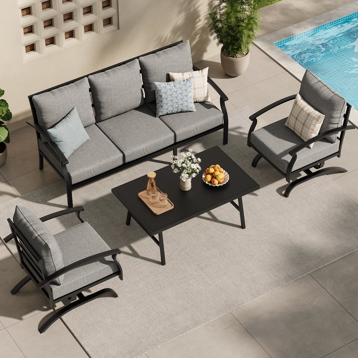ALAULM 4 Piece Patio Furniture Set,Outdoor Metal Patio Furniture with Coffee Table & Rocking Chairs Conversation Set for Porch,Backyard,Poolside, Garden