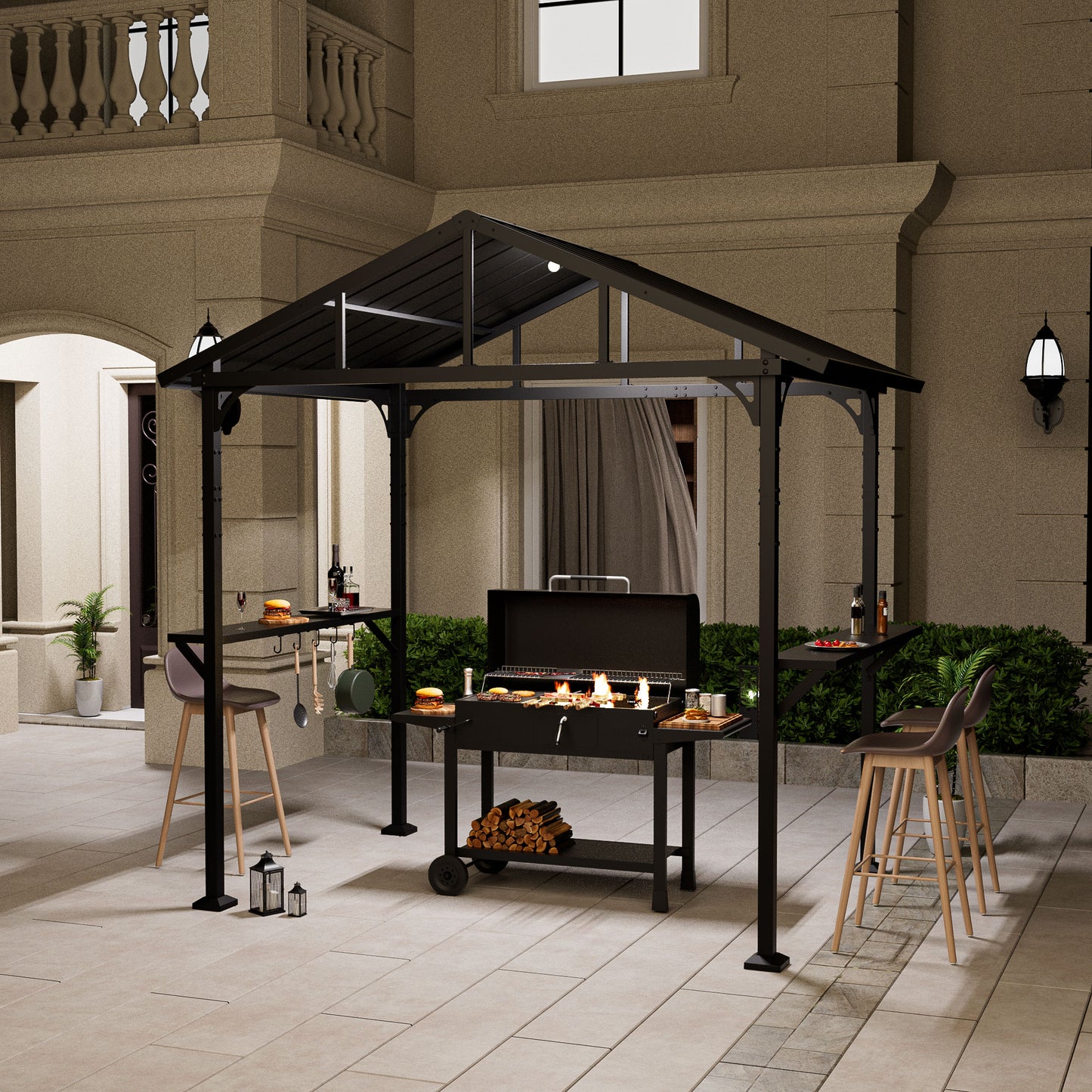 ALAULM 8'x 5' Hardtop Grill Gazebo, Outdoor BBQ Metal Roof Canopy with 2 Metal Side Shelves & 5 Tool Hooks for Patio, Garden, Backyard, Poolside (Black)