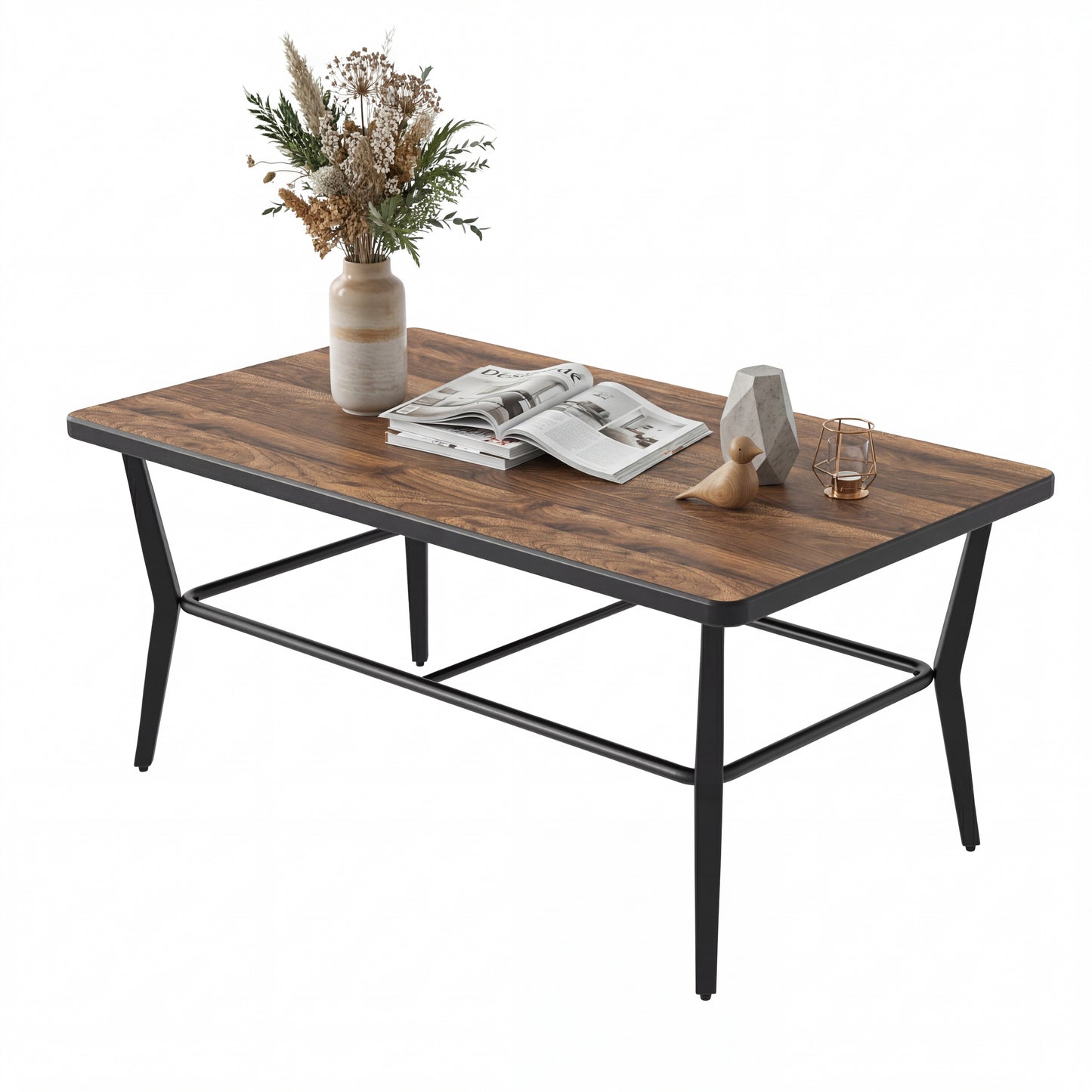 ALAULM Outdoor Coffee Table, 47" Rectangle Metal Patio Coffee Table with DPC Stone-Plastic Top, All-Weather Coffee Table for Patio, Garden, Balcony, Poolside
