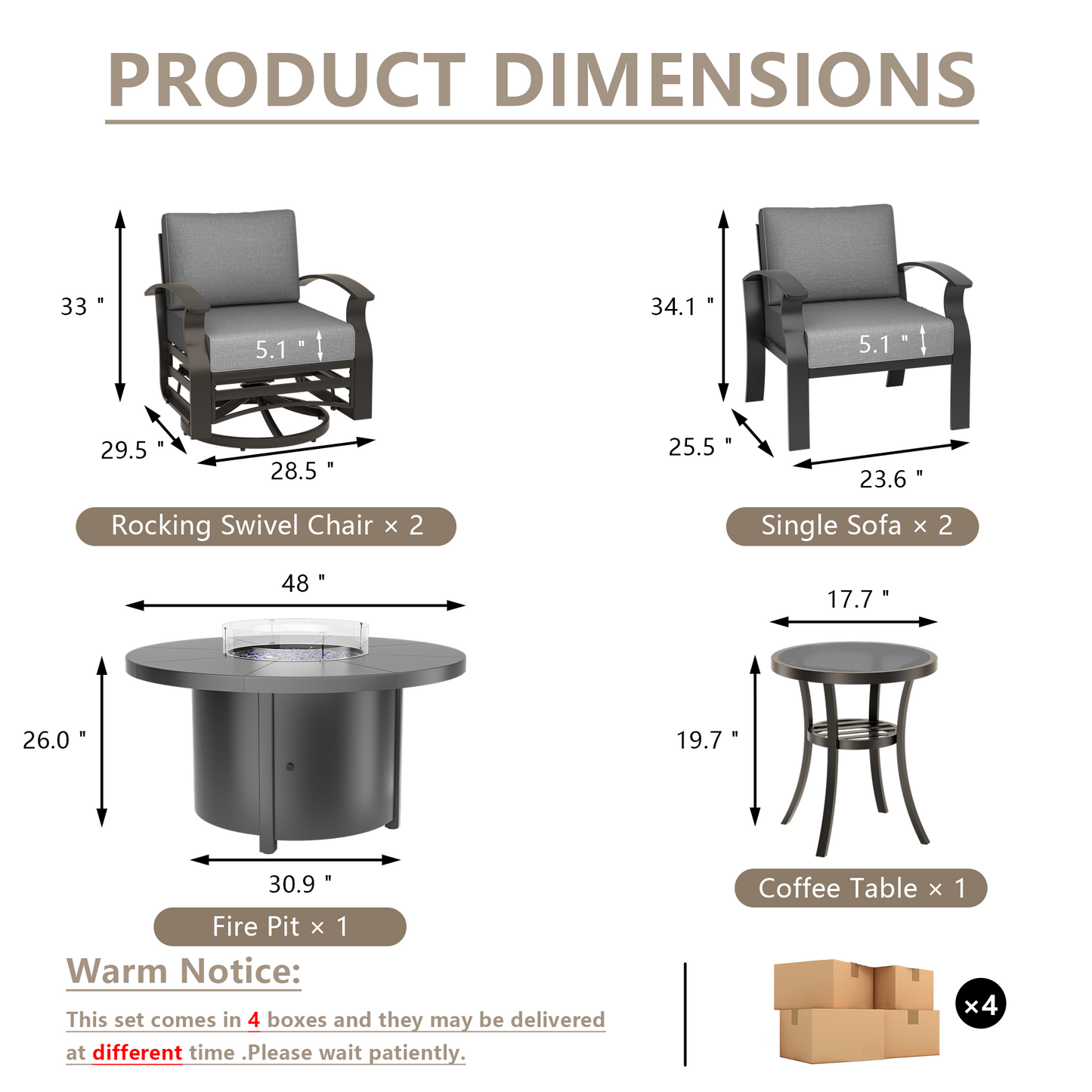 ALAULM 4-Seat Aluminum Patio Furniture Set, Outdoor Patio Conversation Set with Round Fire Pit Table and 5.1" Cushions for Patio Backyard Poolside