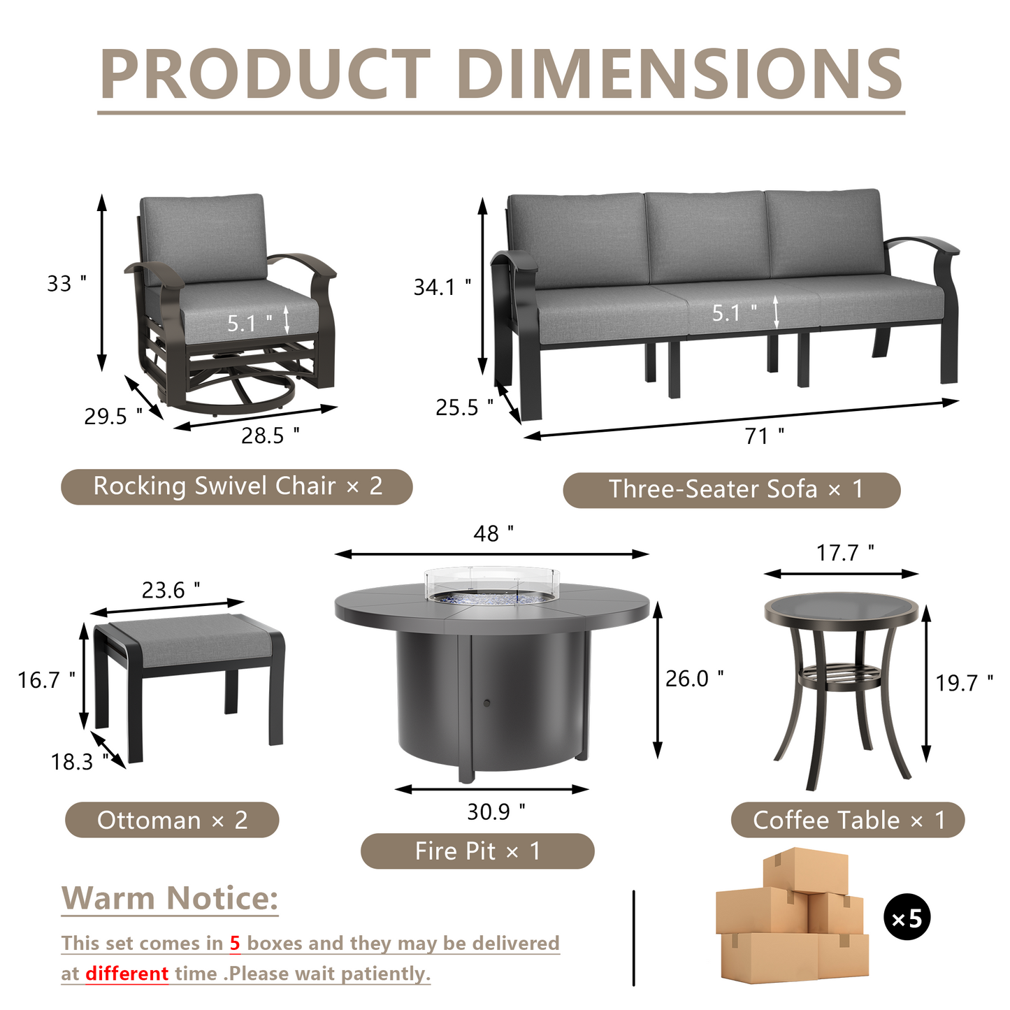 ALAULM Aluminium Patio Furniture Set with Swivel Chairs, 7-Seater Metal Outdoor Furniture Patio Sectional Sofas Patio Conversation Set with 2 Ottomans For Patio, Backyard, Poolside