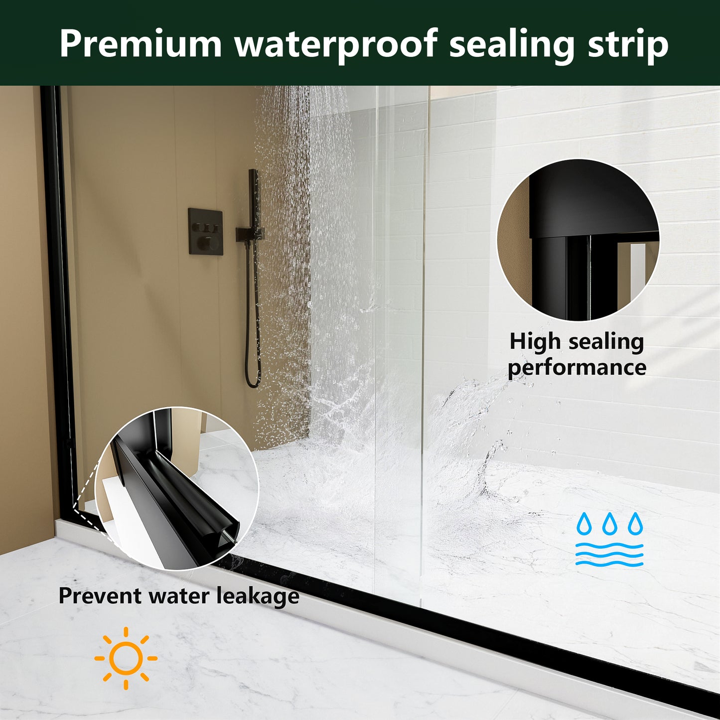 ALAULM Shower Door 44-48" W x 72" H Semi-Frameless Bypasss Bathroom Glass Shower Double Sliding Doors,1/4" (6mm) Clear SGCC Tempered Glass with Explosion-Proof Film, Black