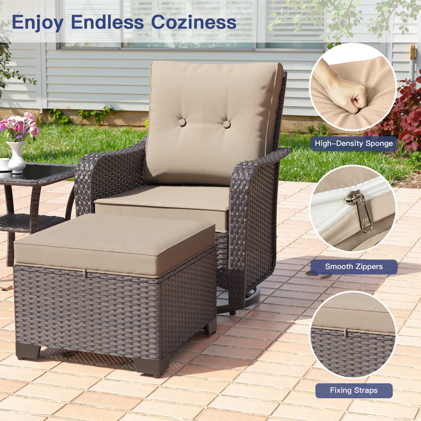 ALAULM 5 Pieces Patio Furniture Set with 4" Thick Cushions, 2 High Back Outdoor Swivel Rocker Chairs with 2 Ottoman & Side Table, 5-Piece All Weather Chairs Set for Porch Deck Pool Yard