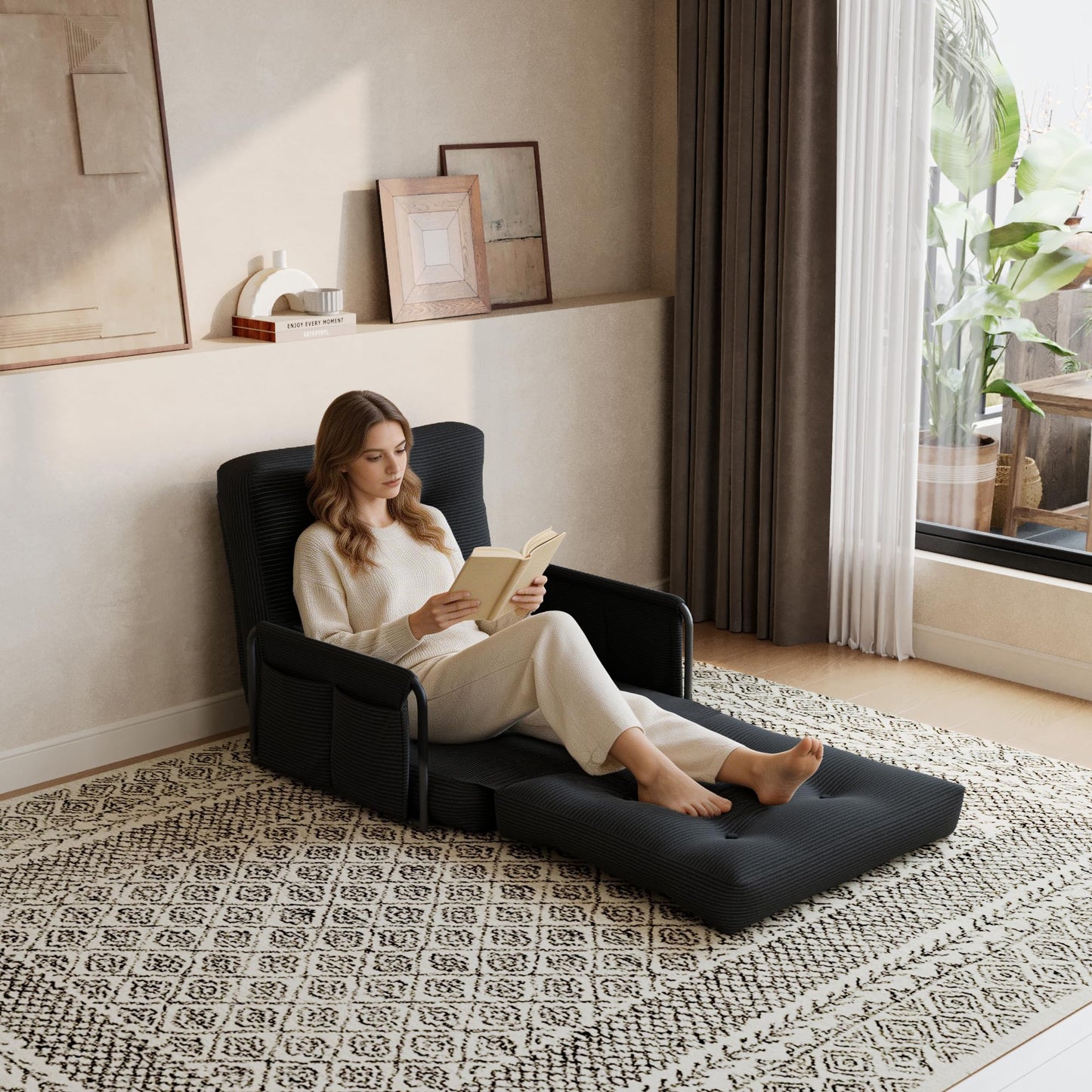 ALAULM Modern Two-Seater Folding Sofa Bed Convertible Sleeper Couch with Pillows, Storage Side, Versatile Floor Couch for Living Room Bedroom, White | Foldable, Comfortable, Multiple Usage
