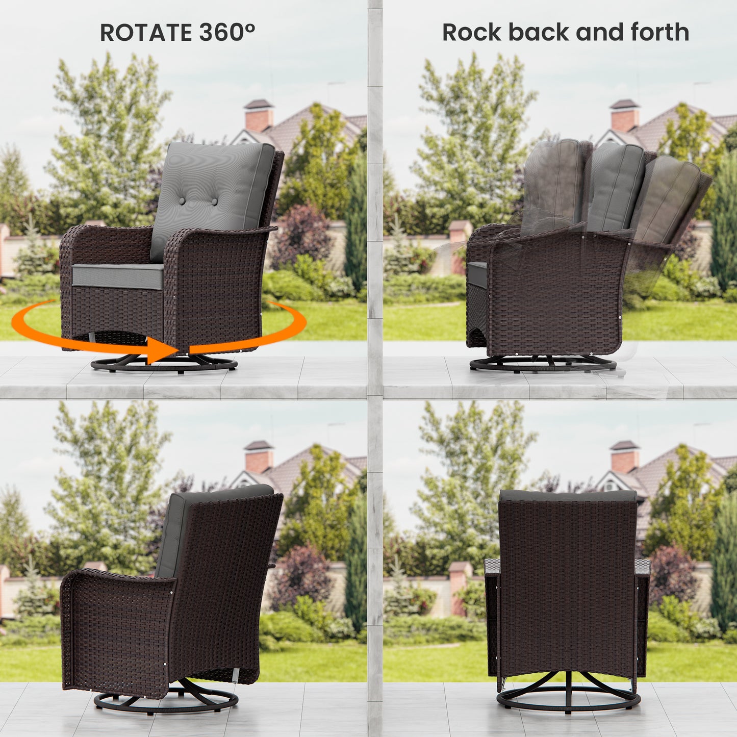 ALAULM 3PCS Outdoor Conversation Sets with 19" Smokeless Stove, Outdoor Swivel Glider Chair with Glass Top Side Table, Fire Pit Comes with Waterproof Cover and Fire Poker, for Porch Backyard