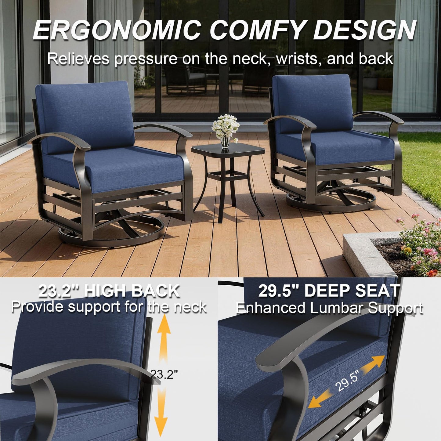ALAULM 3 Pieces Patio Furniture Set, 2 Aluminum Outdoor Swivel Rocking Chairs with 5.1" Padded Removable Cushions & 1 Tempered Glass Coffee Table for Backyard Lawn Porch