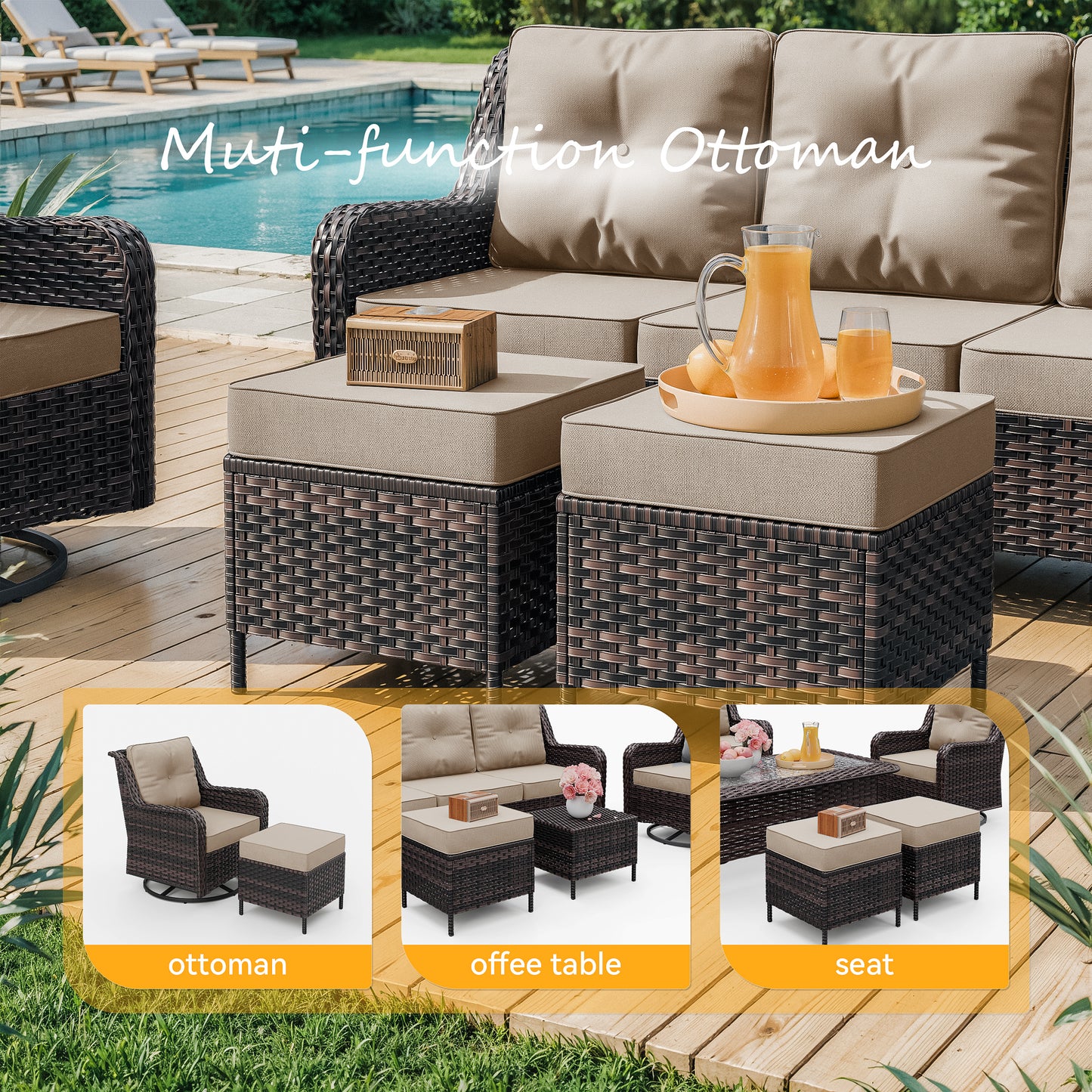 Gotalnd 7-Piece Patio Furniture Set, Outdoor Thick Wicker Sectional Sofas with 2 Swivel Chairs, High Back Sectional Sofa Couch, Outdoor Conversation Set for Backyard, Porch, Deck