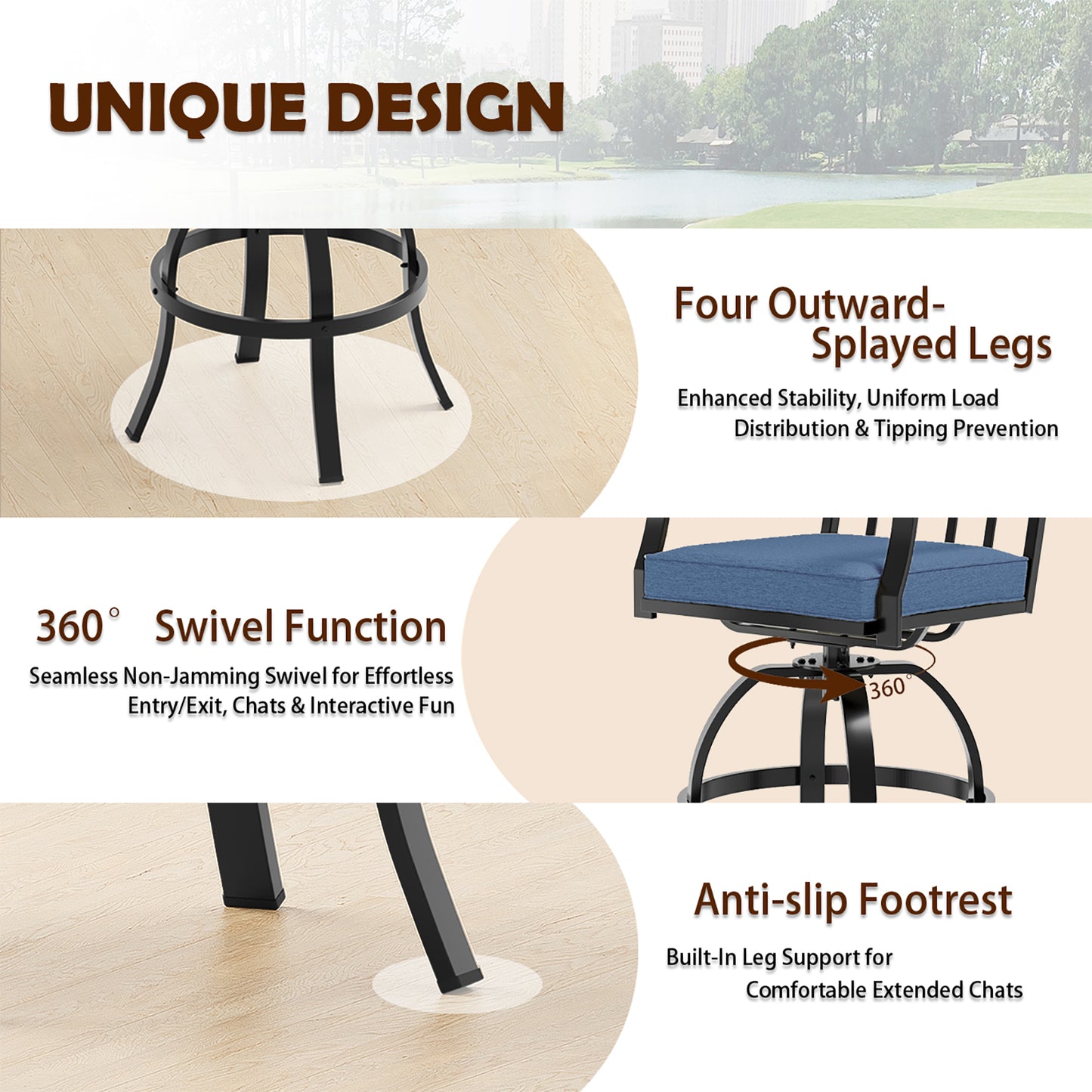 Gotland 3 Pieces Outdoor Swivel Bar Stools Set, All Weather Metal High Top Bistro Set Bar Height Table,High Top Bistro Stools with Sturdy Framewith 2 Chairs for Deck Lawn Garden,Sand