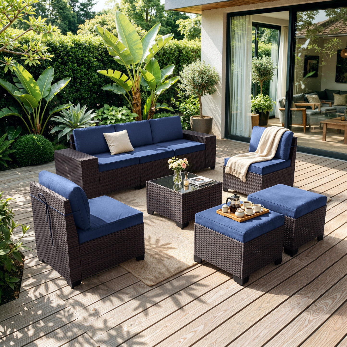 ALAULM 8PCS Outdoor Conversation Set, Wide Armrest Patio PE Rattan Wicker Sectional Sofas with Ottoman for Backyard, Porch, Sand