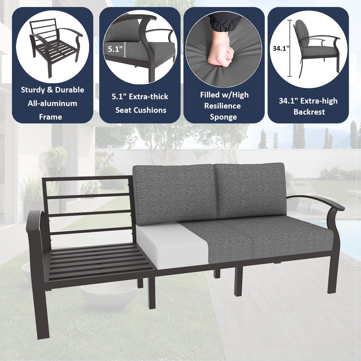 ALAULM Aluminum 3-Seat Patio Furniture Set, Outdoor Patio Conversation Set with 5.1" Cushions for Patio Backyard Poolside