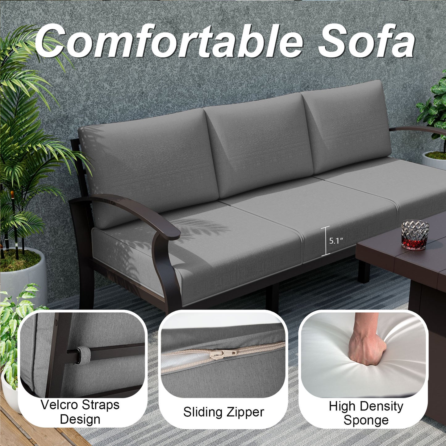 ALAULM Aluminum Patio Furniture Set with Coffee Table Rectangular, 5-seat Outdoor Sectional Furniture w/2 Swivel Chairs, Patio Conversation Set for Porch, Backyard, Poolside