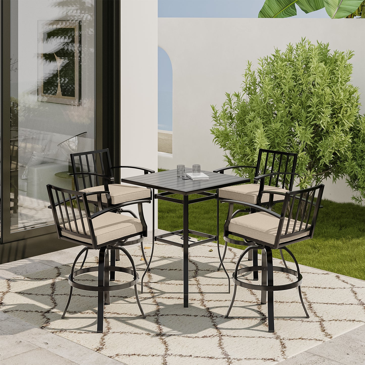 Gotland 5 Pieces Outdoor Swivel Bar Stools Set, All Weather Metal Patio Bar Height Table and Chairs Set, Outdoor High Top Bistro Set with 1 Table and 4 Chairs for Deck Lawn Garden