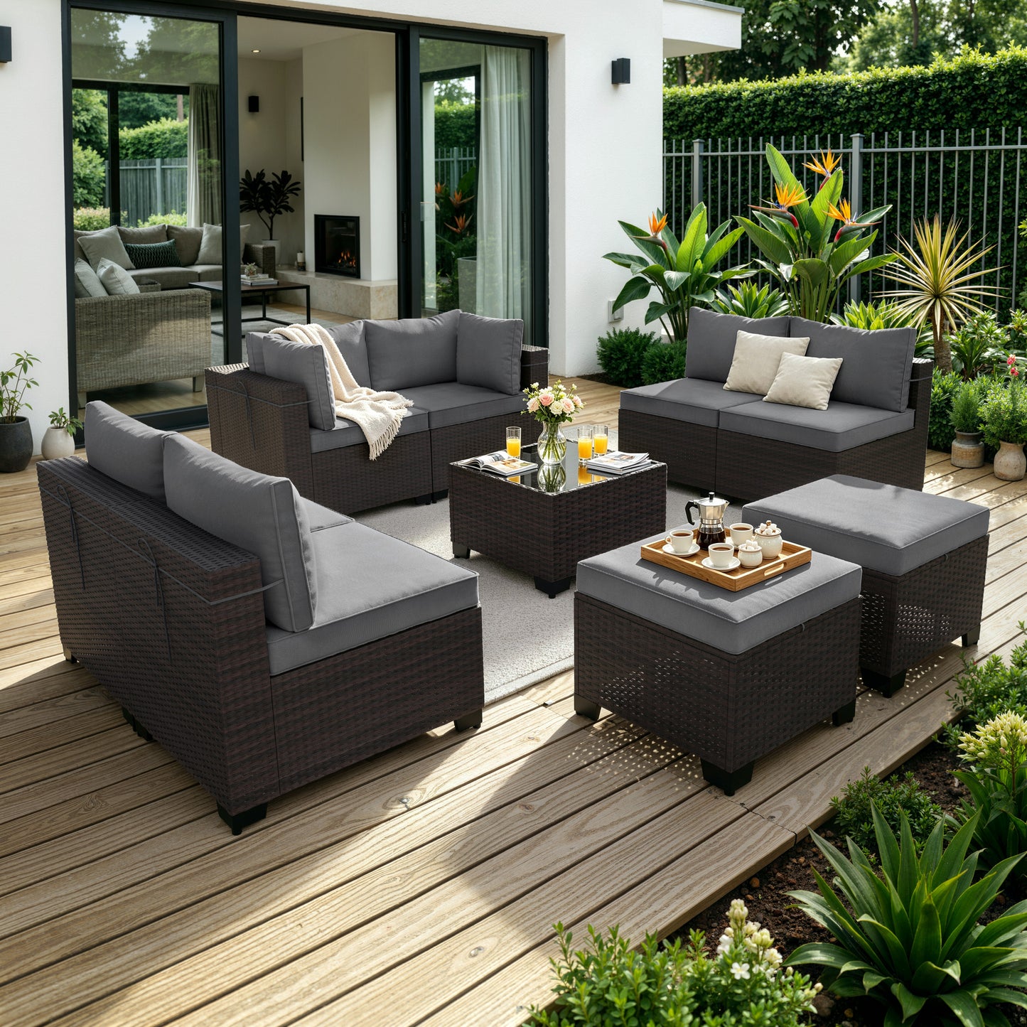 ALAULM 9PCS Outdoor Conversation Set, Thick Backrest Patio PE Rattan Wicker Sectional Sofas with Ottoman for Backyard, Porch, Sand