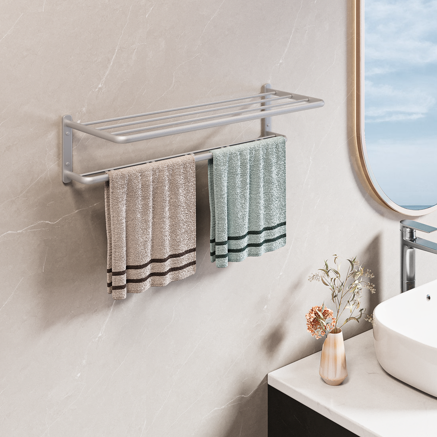 ALAULM Aluminum Alloy Bathroom Towel Shelf with Double Bars, 21" Double Towel Shelf for Bathroom, Wall Mounted Towel Holder, Towel Rod Towel Rail Hanger for Wall, Kitchen