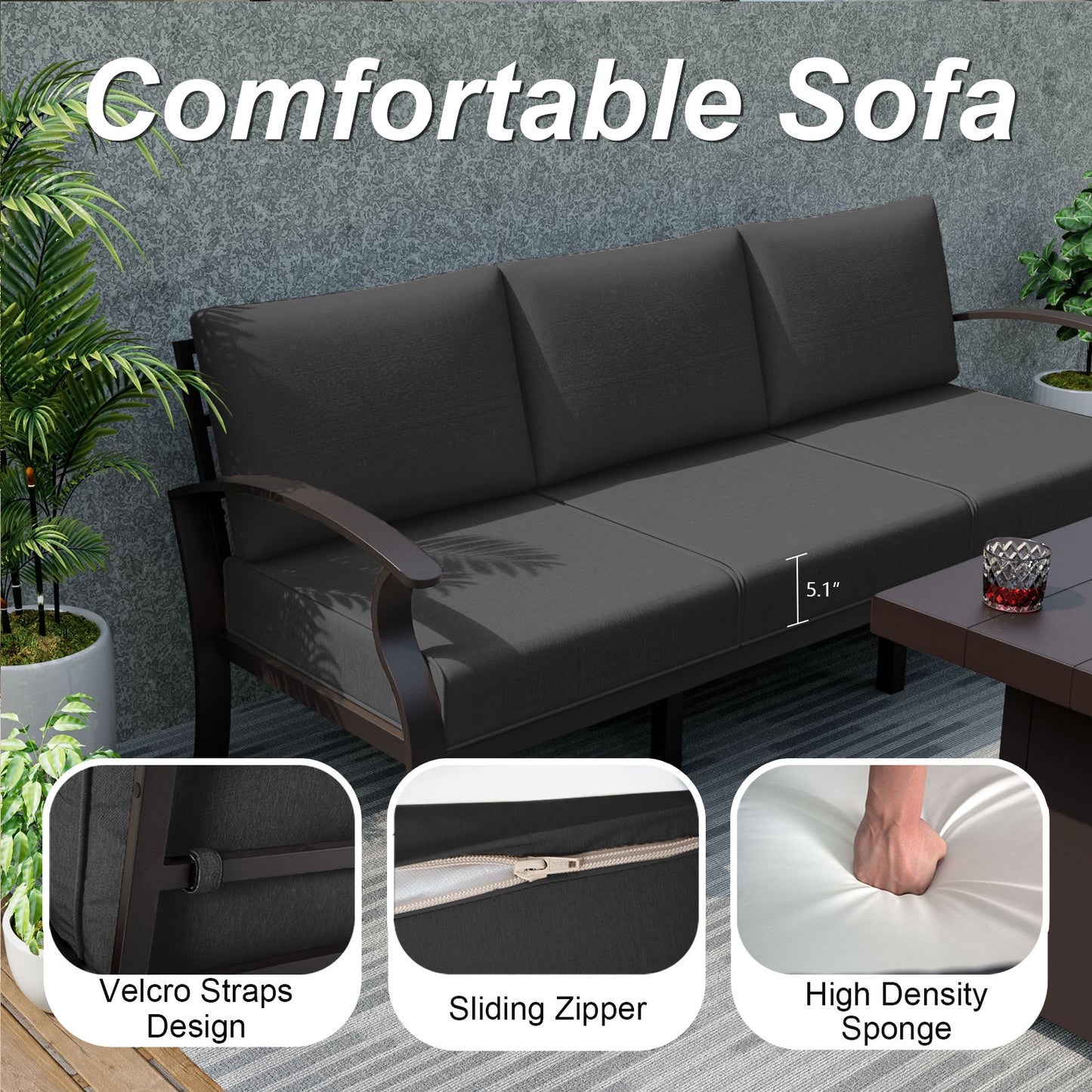 ALAULM 5-Seat Aluminum Patio Furniture Set, Outdoor Patio Conversation Set with Rectangular Metal Coffee Table and 5.1" Cushions for Patio Backyard Poolside，Sand