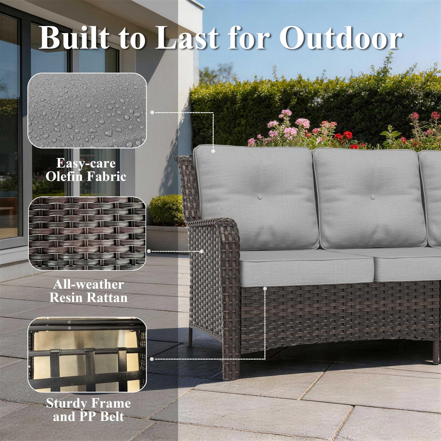 ALAULM 7-Piece Patio Furniture Set, Outdoor Thick Wicker High Back Conversation Set with 3-Seater Sofa, Swivel Chairs, Ottomans and Square Coffee Table for Yard Patio