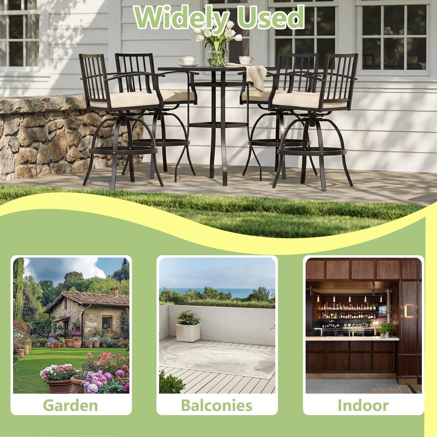 ALAULM 5 Pieces Outdoor Swivel Bar Stools Set, All Weather Metal Patio High Top Bistro Set with 4 Cushioned Chairs and Table for Garden Deck Lawn