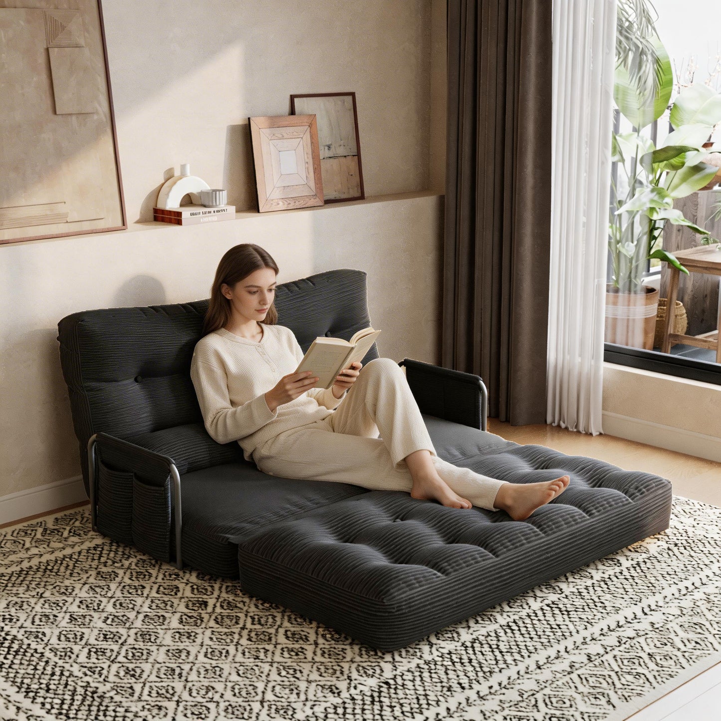 ALAULM Modern Two-Seater Folding Sofa Bed Convertible Sleeper Couch with Pillows, Storage Side, Versatile Floor Couch for Living Room Bedroom, White | Foldable, Comfortable, Multiple Usage