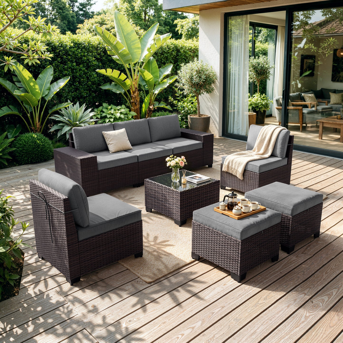 ALAULM 8PCS Outdoor Conversation Set, Wide Armrest Patio PE Rattan Wicker Sectional Sofas with Ottoman for Backyard, Porch, Sand
