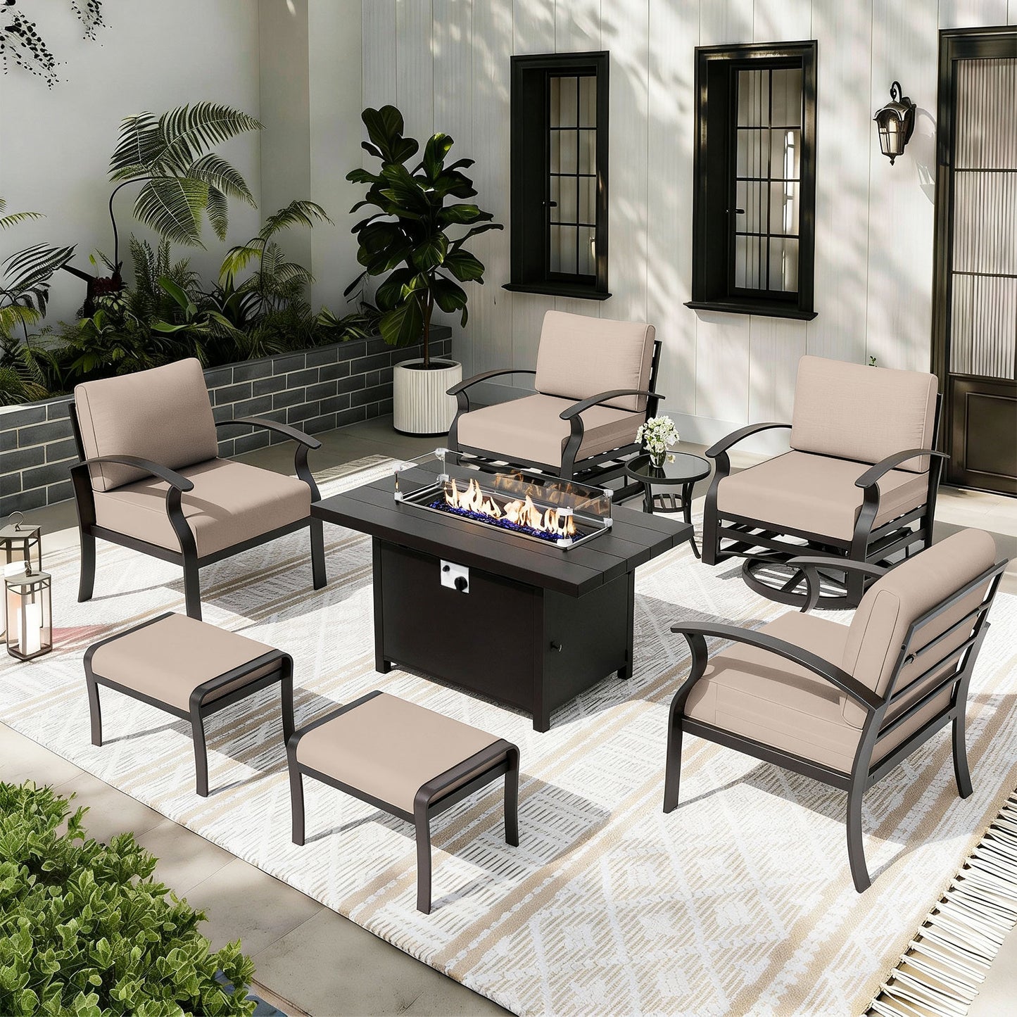 ALAULM 6-Seat Aluminum Patio Furniture Set, Outdoor Patio Conversation Set with Propane Fire Pit Table and 5.1" Cushions for Patio Backyard Poolside, Sand