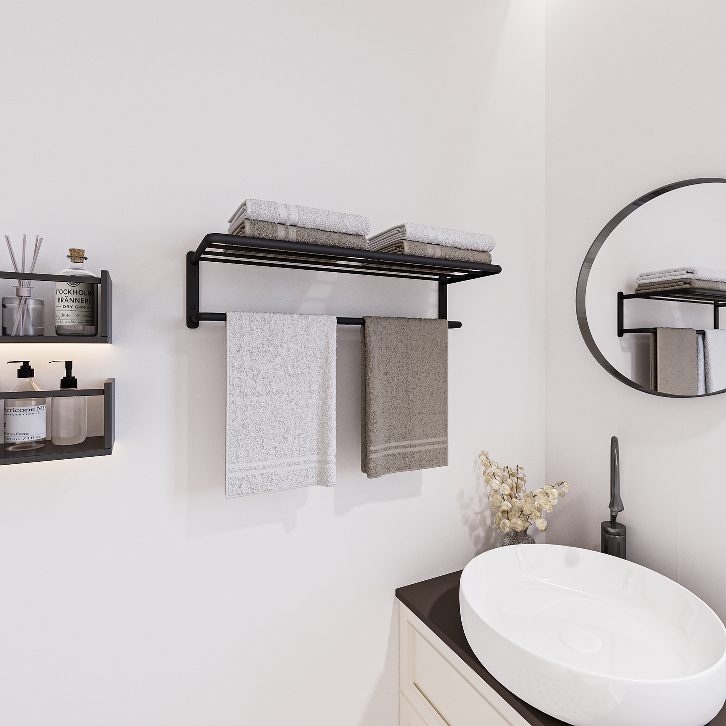 ALAULM Aluminum Alloy Bathroom Towel Shelf with Double Bars, 21" Double Towel Shelf for Bathroom, Wall Mounted Towel Holder, Towel Rod Towel Rail Hanger for Wall, Kitchen