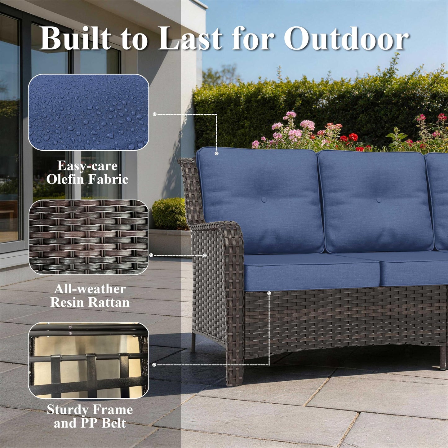 ALAULM 7-Piece Patio Furniture Set, Outdoor Thick Wicker High Back Conversation Set with 3-Seater Sofa, Swivel Chairs, Ottomans and Square Coffee Table for Yard Patio