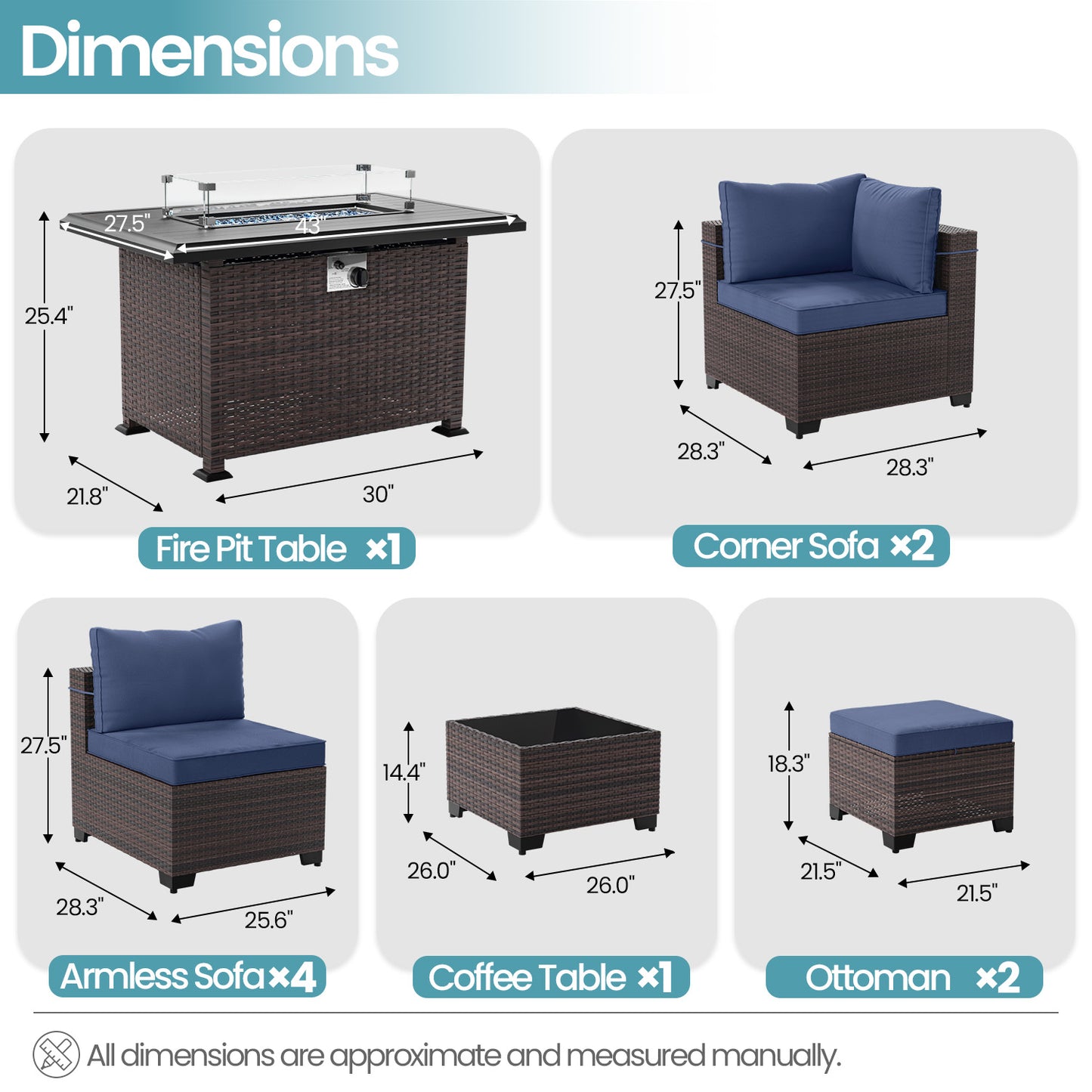 ALAULM 9PCS Outdoor Conversation Set, Thick Backrest Patio PE Rattan Wicker Sectional Sofas with Ottoman for Backyard, Porch, Sand