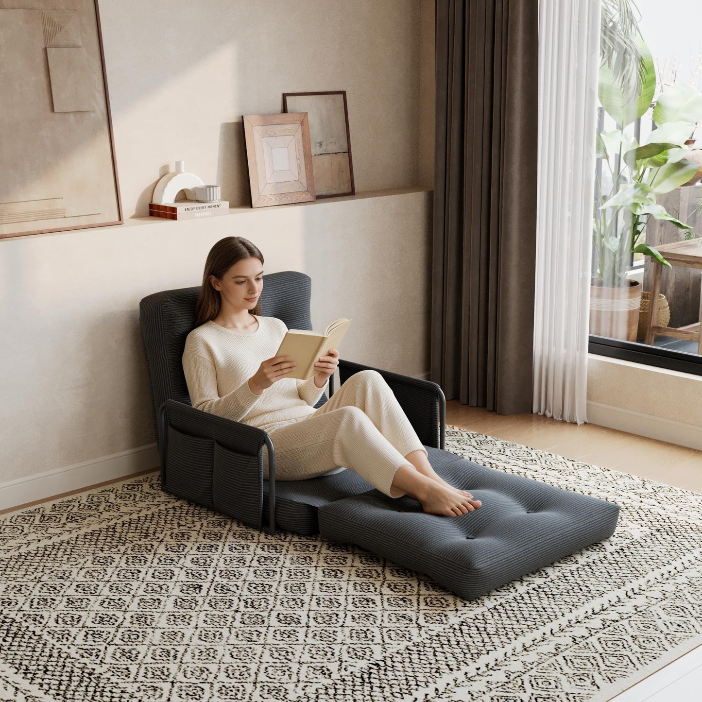ALAULM Modern Two-Seater Folding Sofa Bed Convertible Sleeper Couch with Pillows, Storage Side, Versatile Floor Couch for Living Room Bedroom, White | Foldable, Comfortable, Multiple Usage
