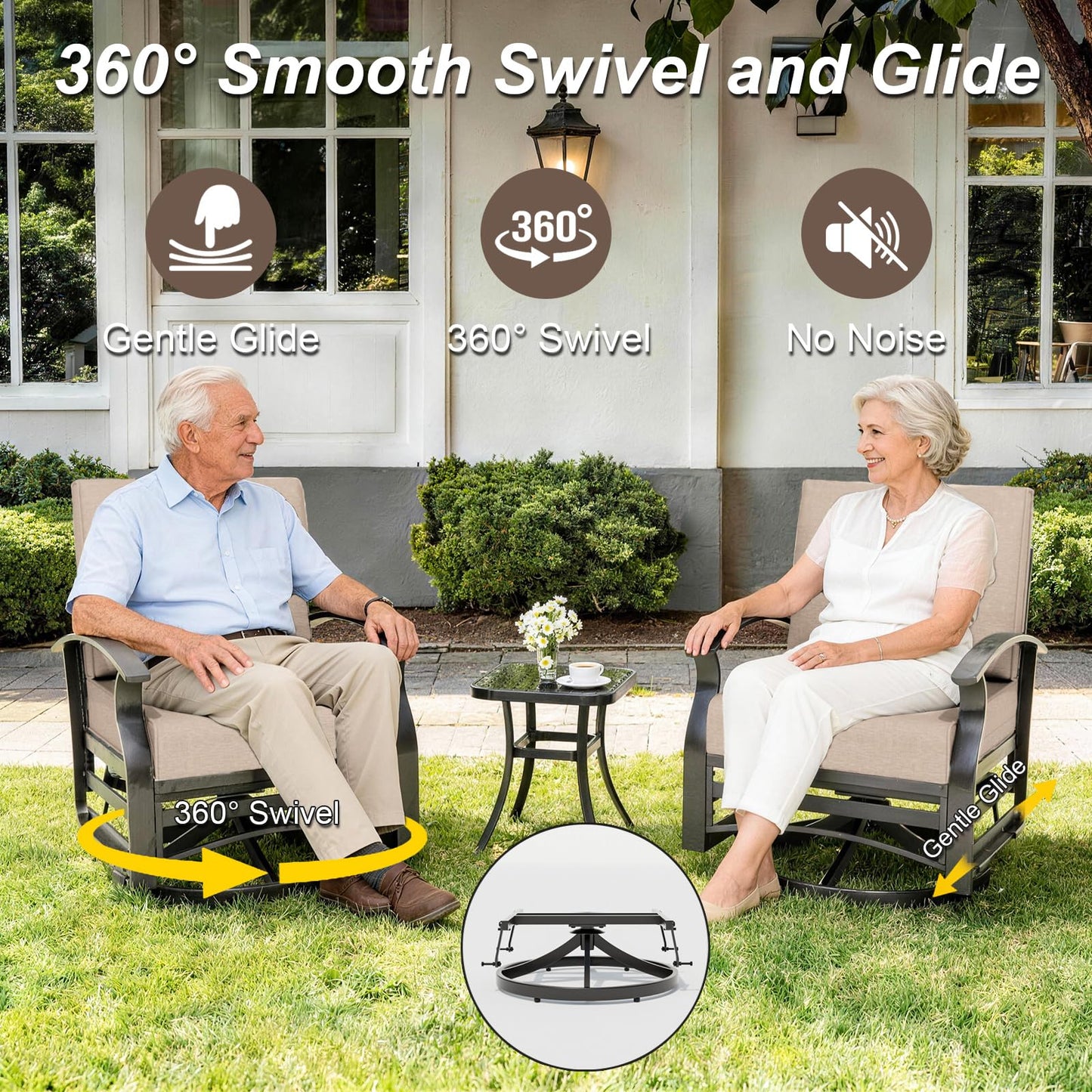 ALAULM 3 Pieces Patio Furniture Set, 2 Aluminum Outdoor Swivel Rocking Chairs with 5.1" Padded Removable Cushions & 1 Tempered Glass Coffee Table for Backyard Lawn Porch